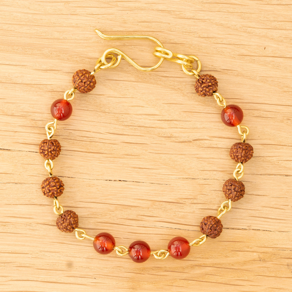 Red Agate & Rudraksha Bracelet in Brass