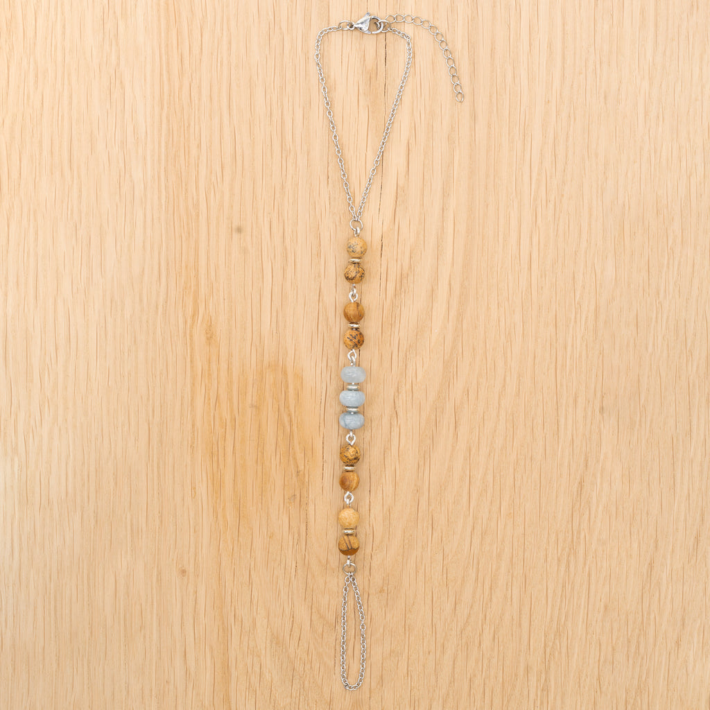 Aquamarine & Landscape Jasper Hand Chain in Stainless Steel