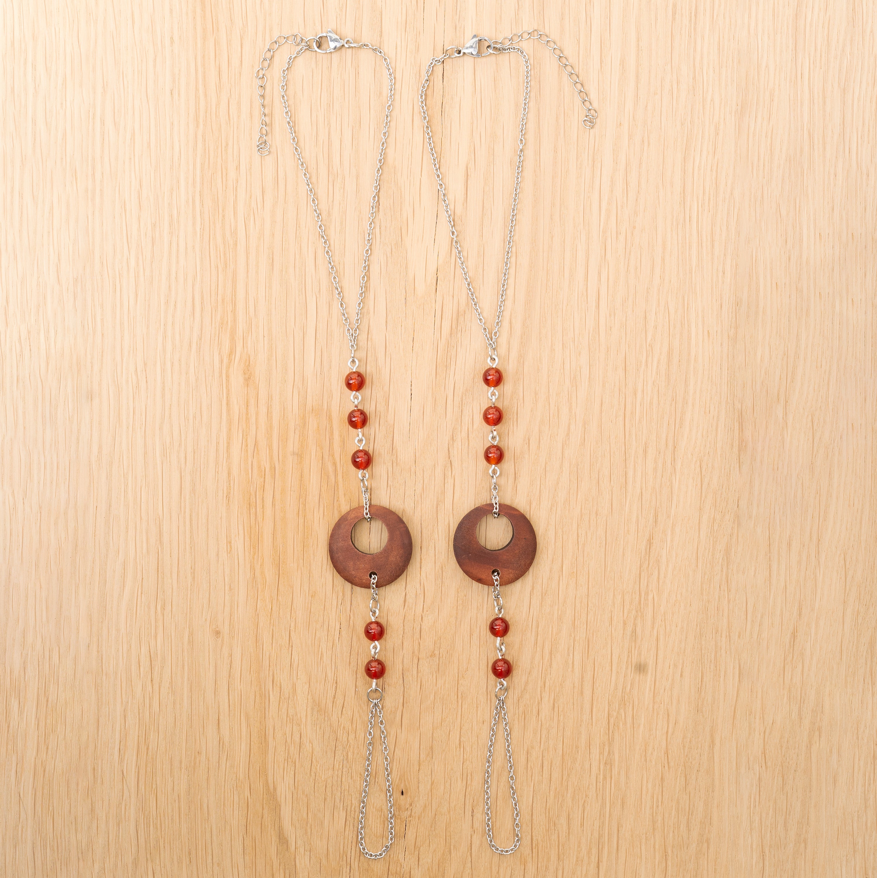 Red Agate & Wood Charm Barefoot Sandals in Stainless Steel