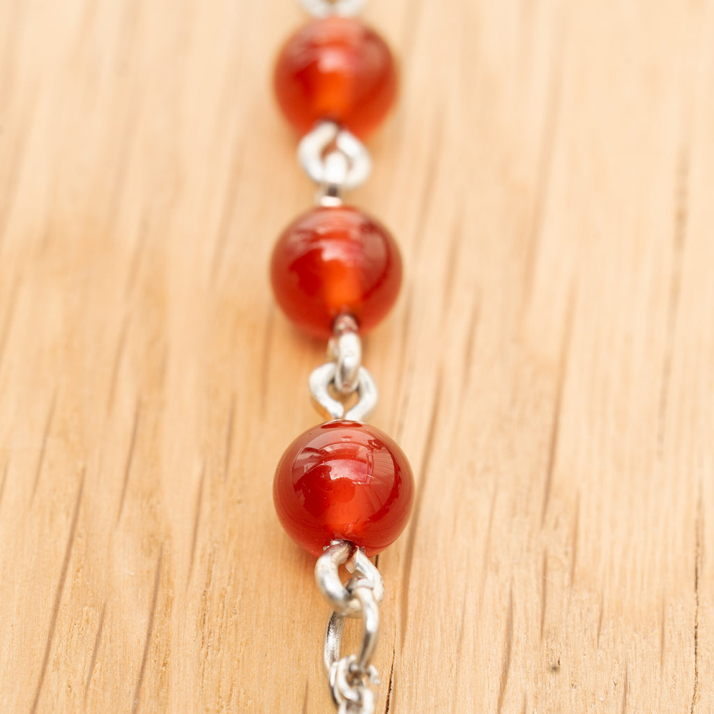 Red Agate & Wood Charm Barefoot Sandals in Stainless Steel