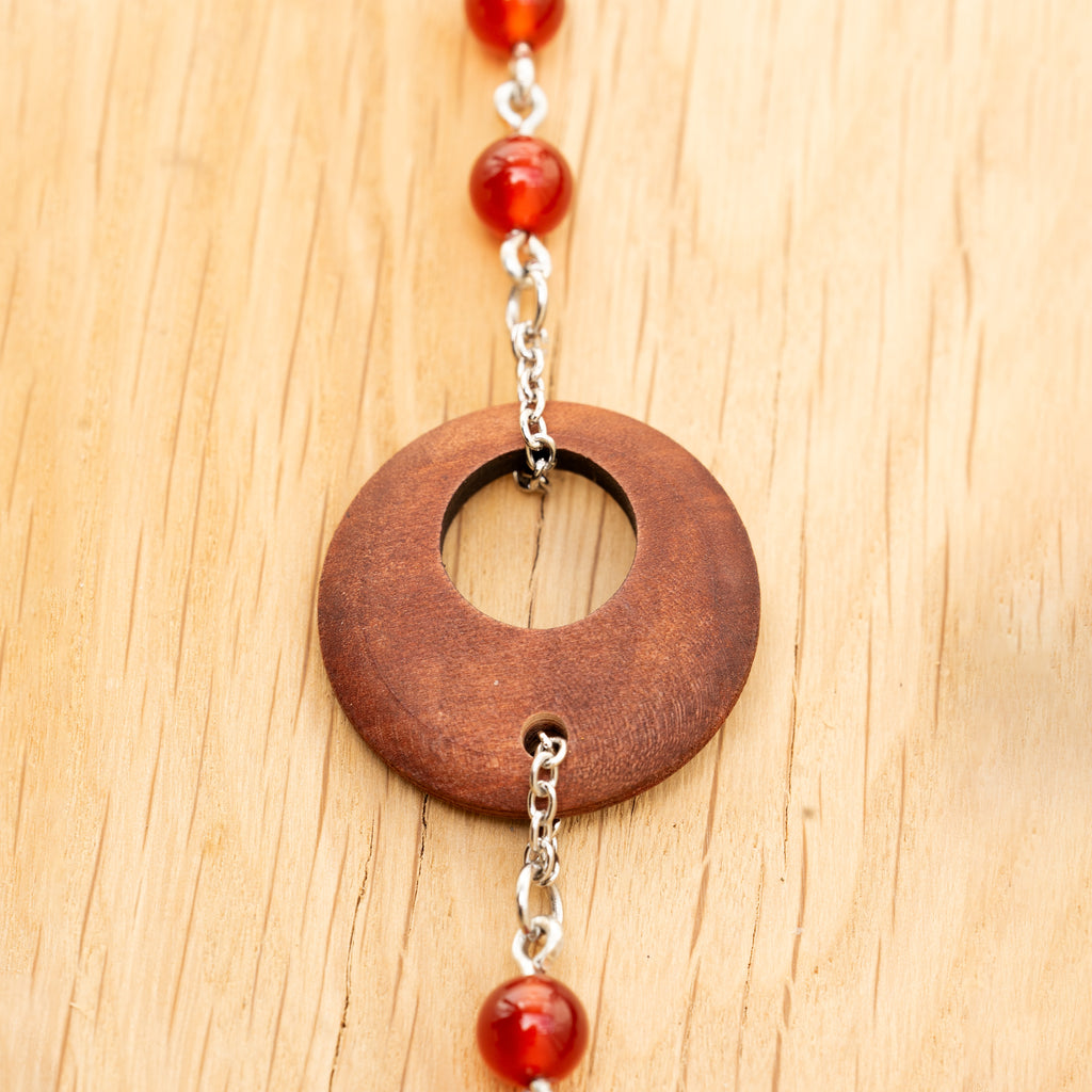 Red Agate & Wood Charm Barefoot Sandals in Stainless Steel