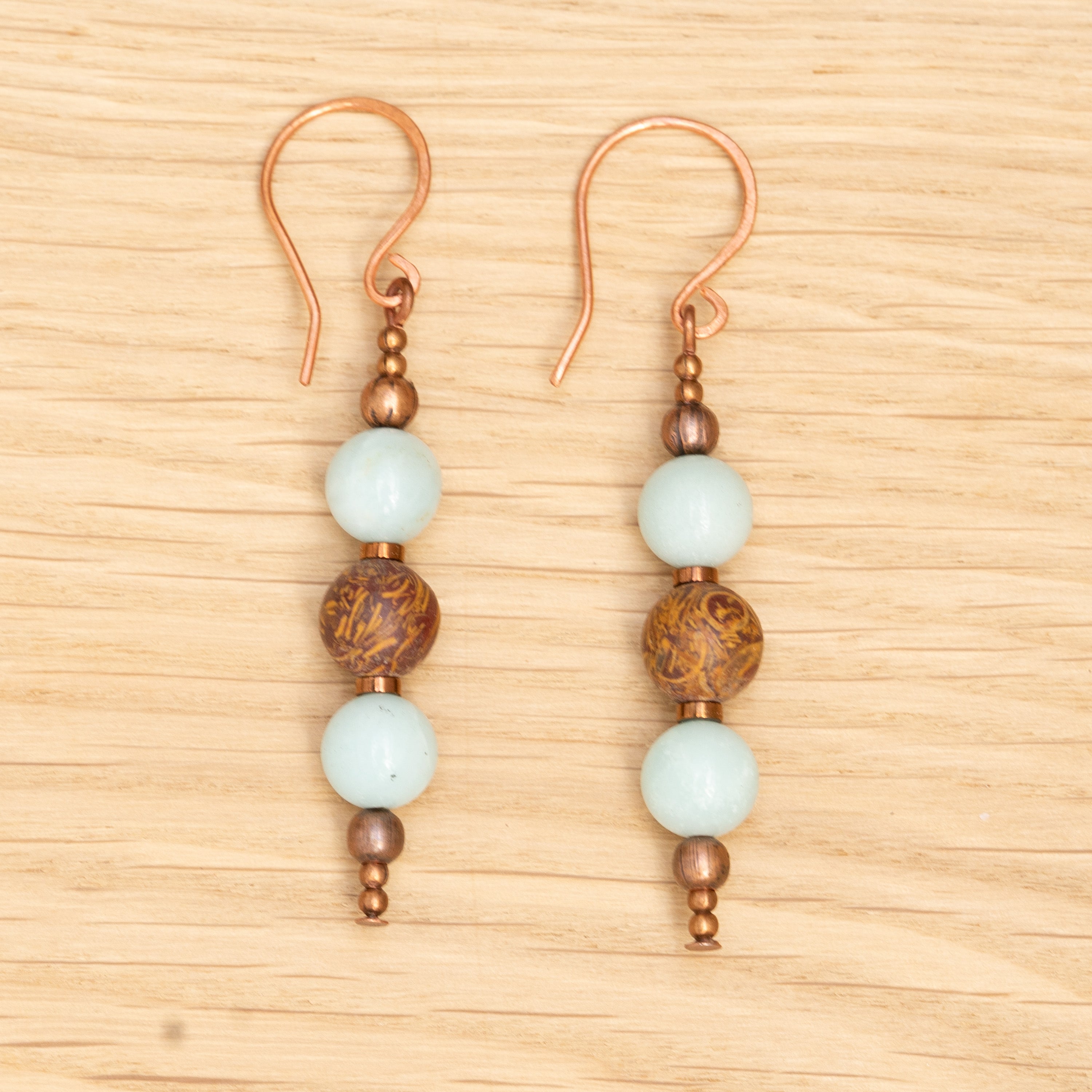 Amazonite & Elephant Skin Jasper Earrings in Copper