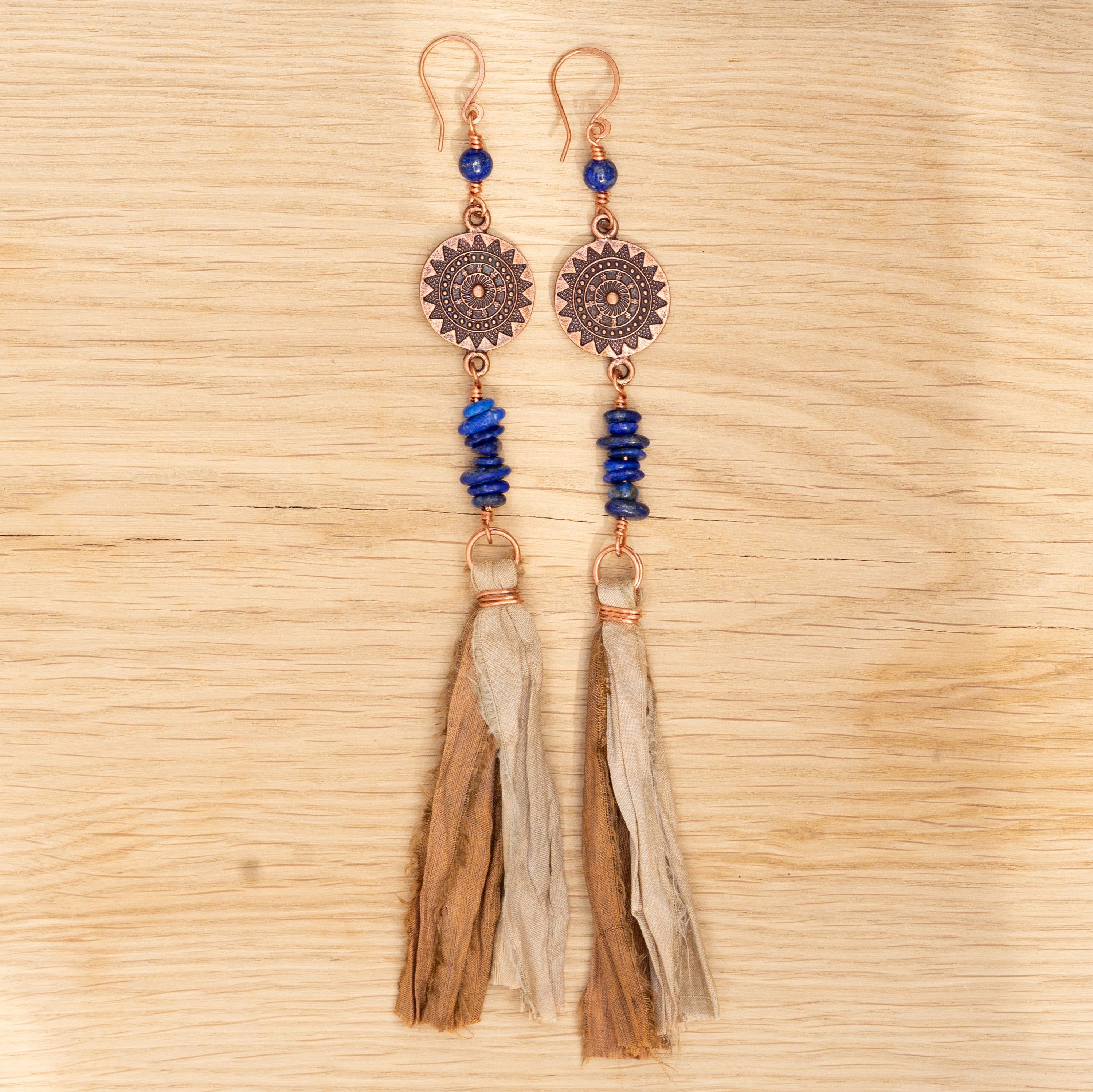 Lapis Lazuli & Sari Silk Tassel Earrings in Copper