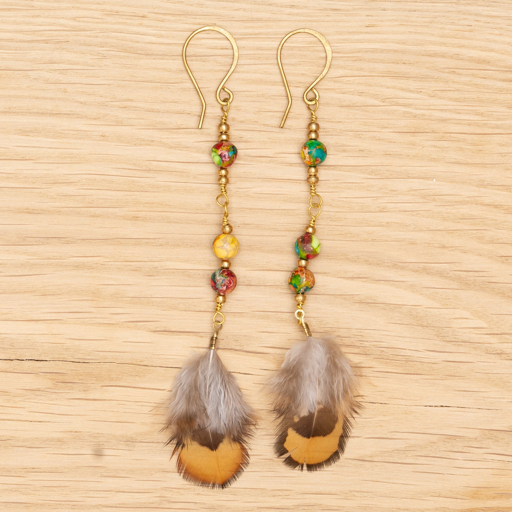 Sea Sediment Jasper & Feather Short Earrings in Brass