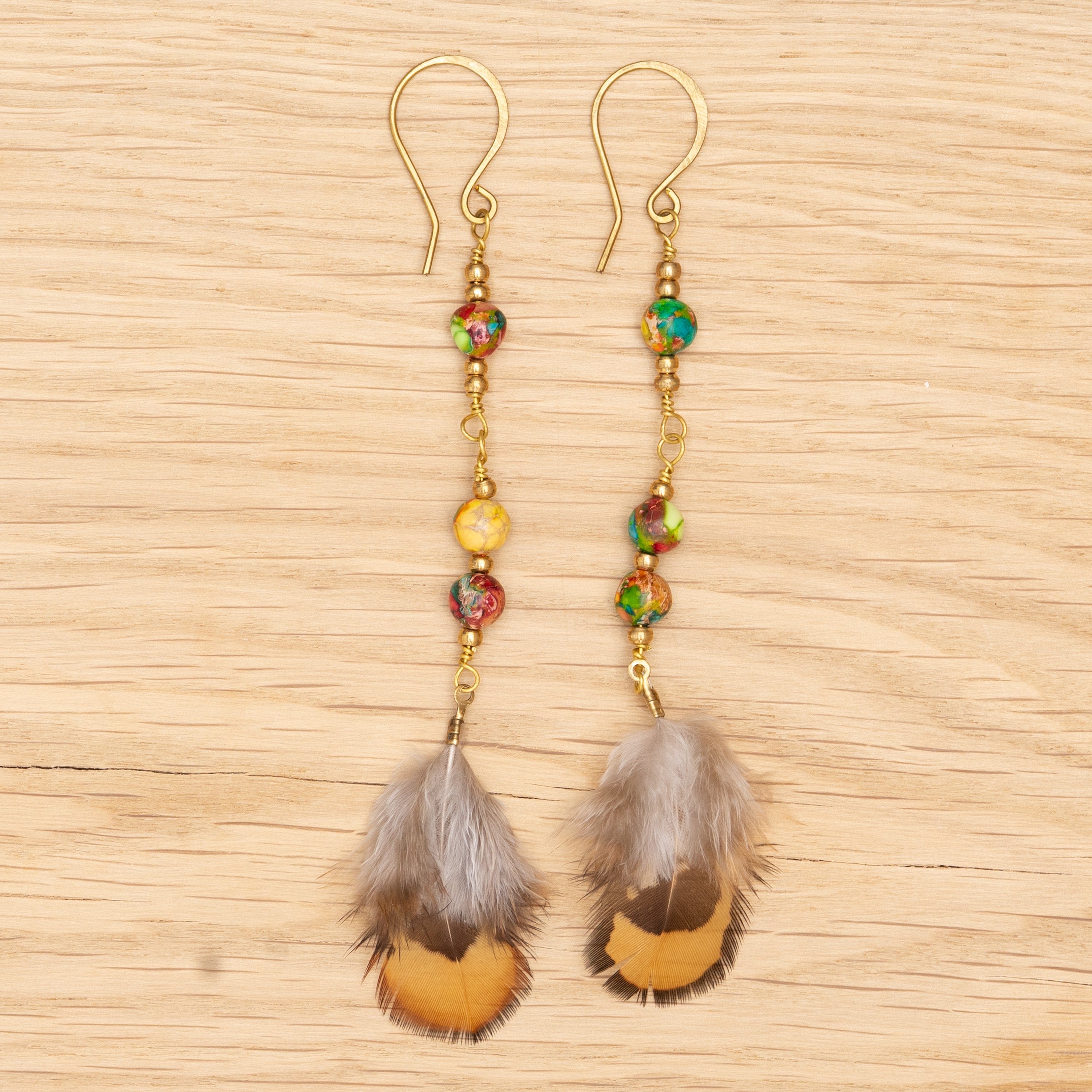Sea Sediment Jasper & Feather Short Earrings in Brass