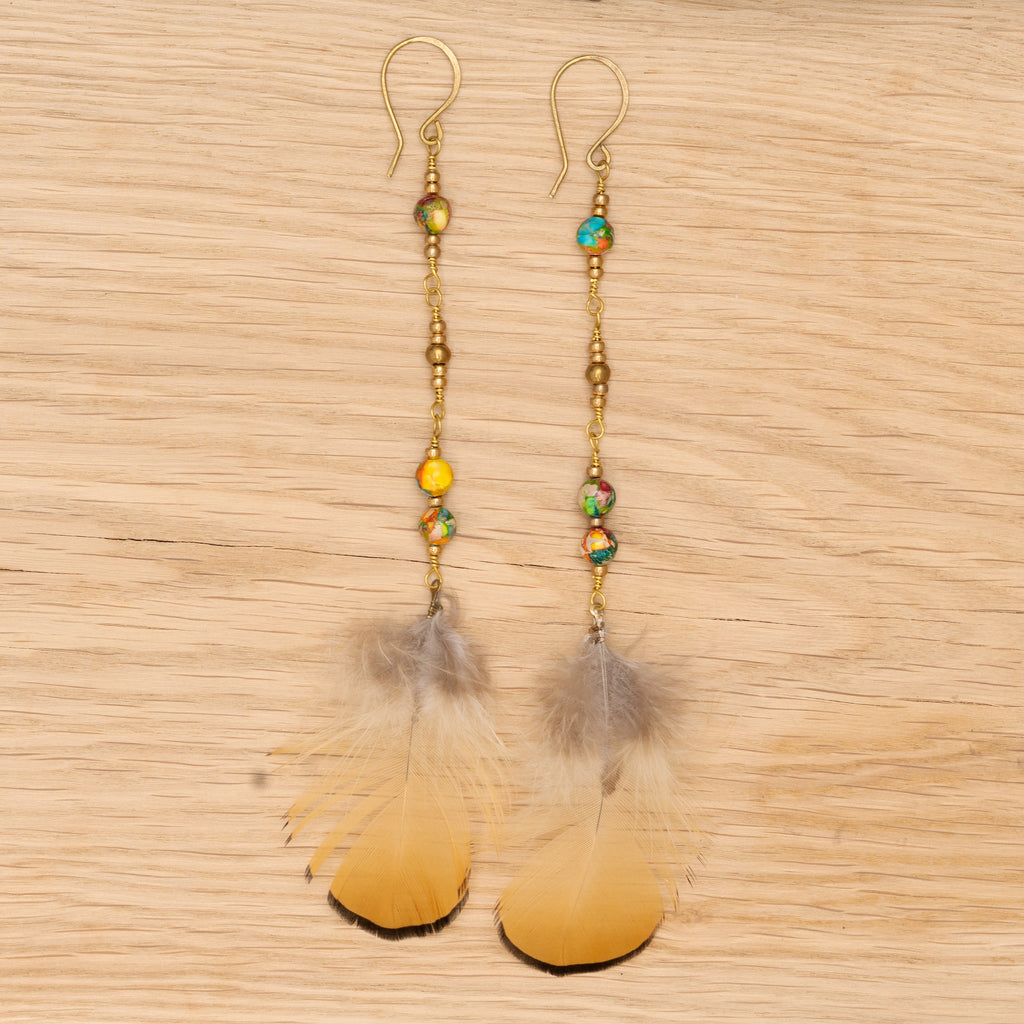 Sea Sediment Jasper & Feather Long Earrings in Brass