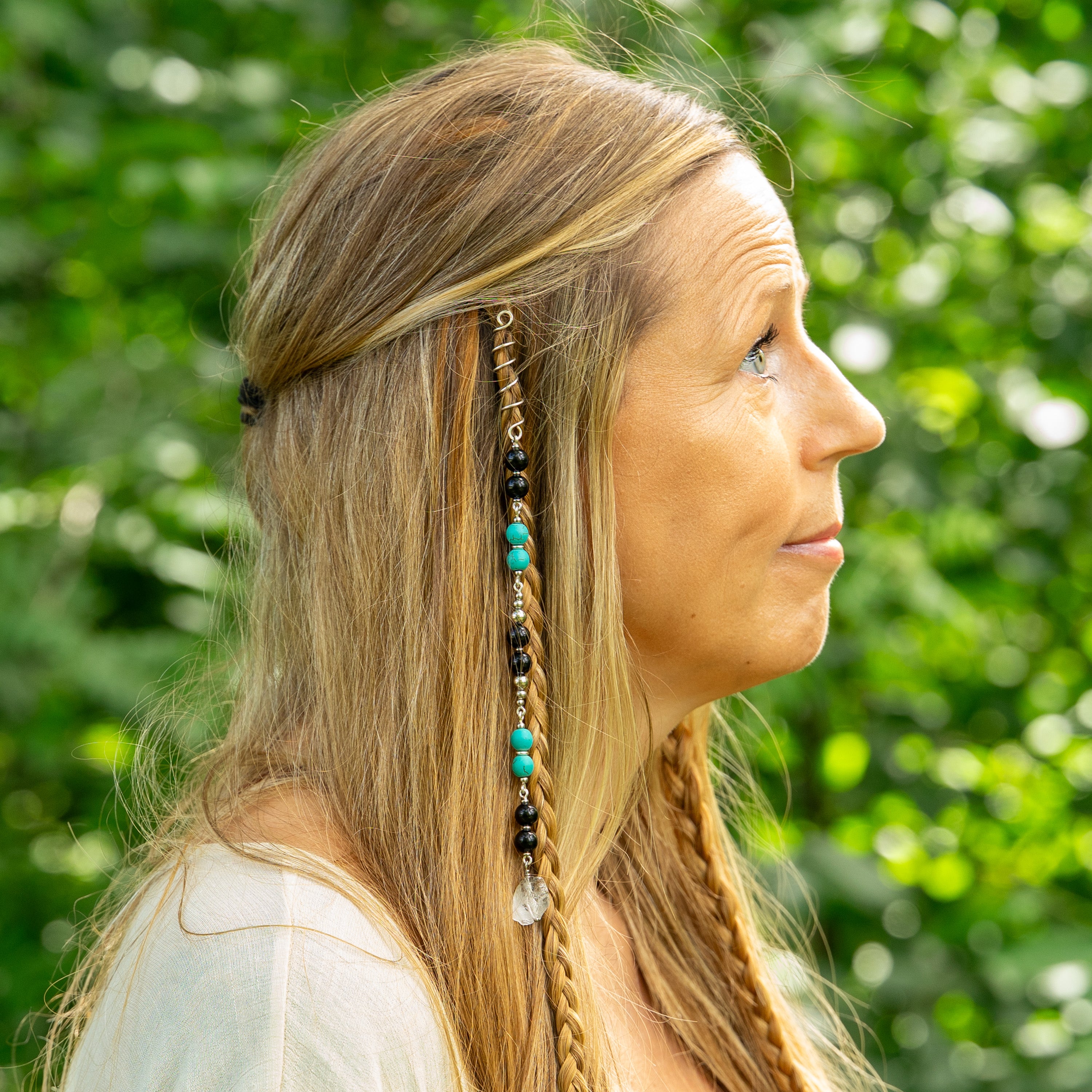 Black Tourmaline, Turquoise & Flourite Hair Twist in Stainless Steel