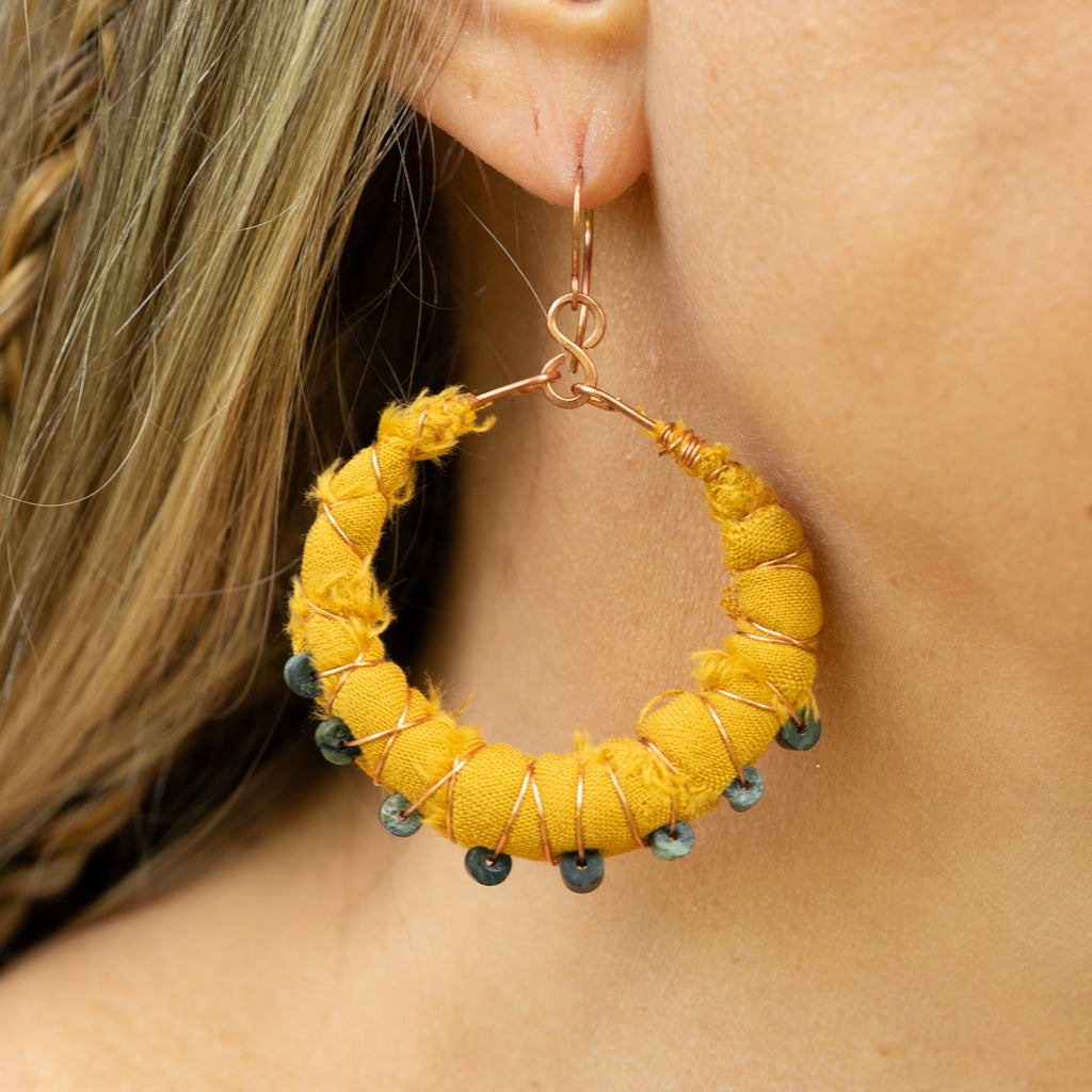 Wrapped Fabric Hoop Earrings in Copper