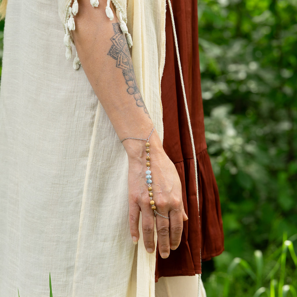 Aquamarine & Landscape Jasper Hand Chain in Stainless Steel