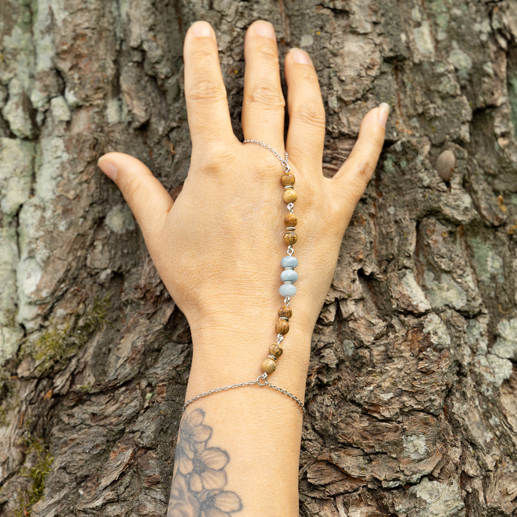 Aquamarine & Landscape Jasper Hand Chain in Stainless Steel