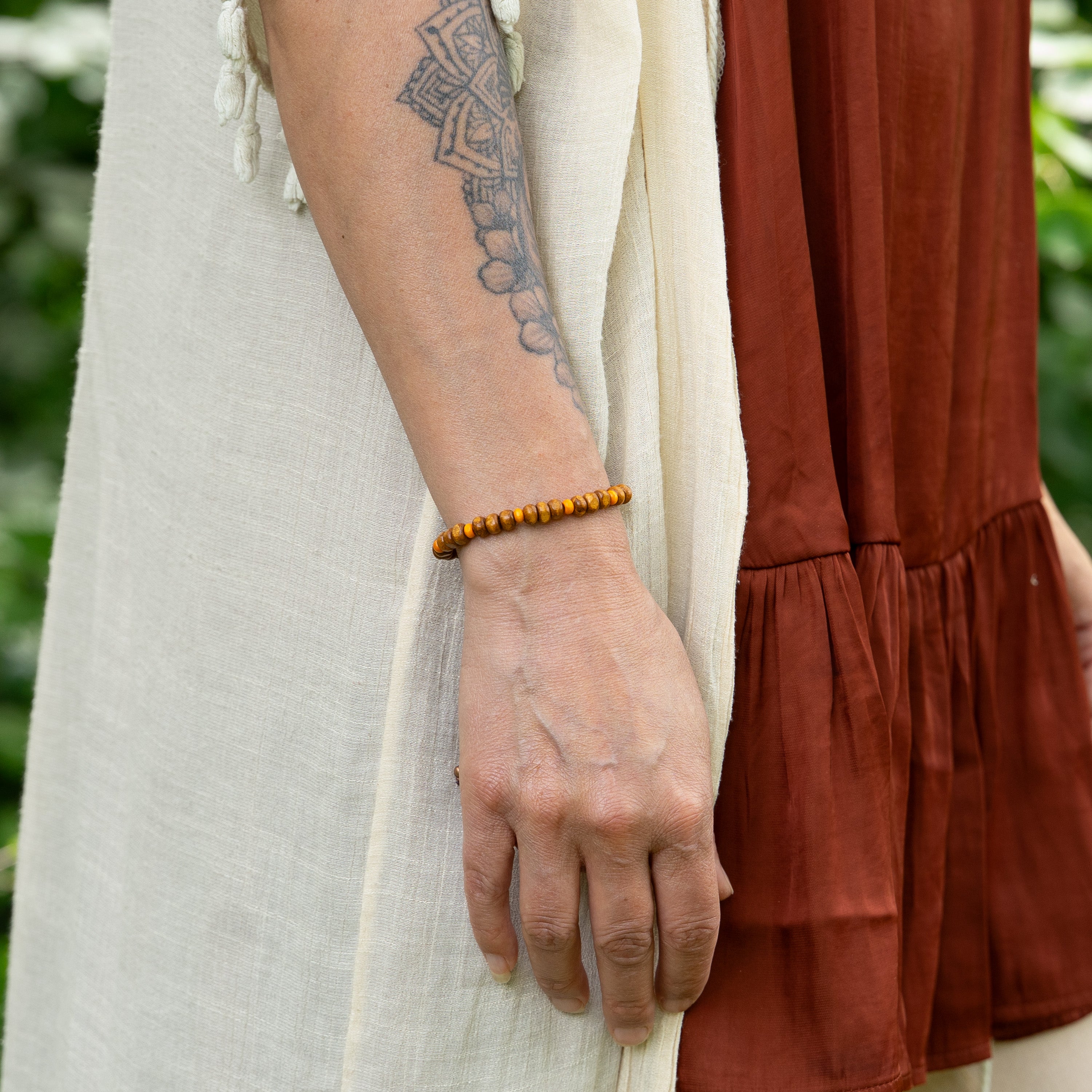 Brown & Orange Wood Bead Bracelet