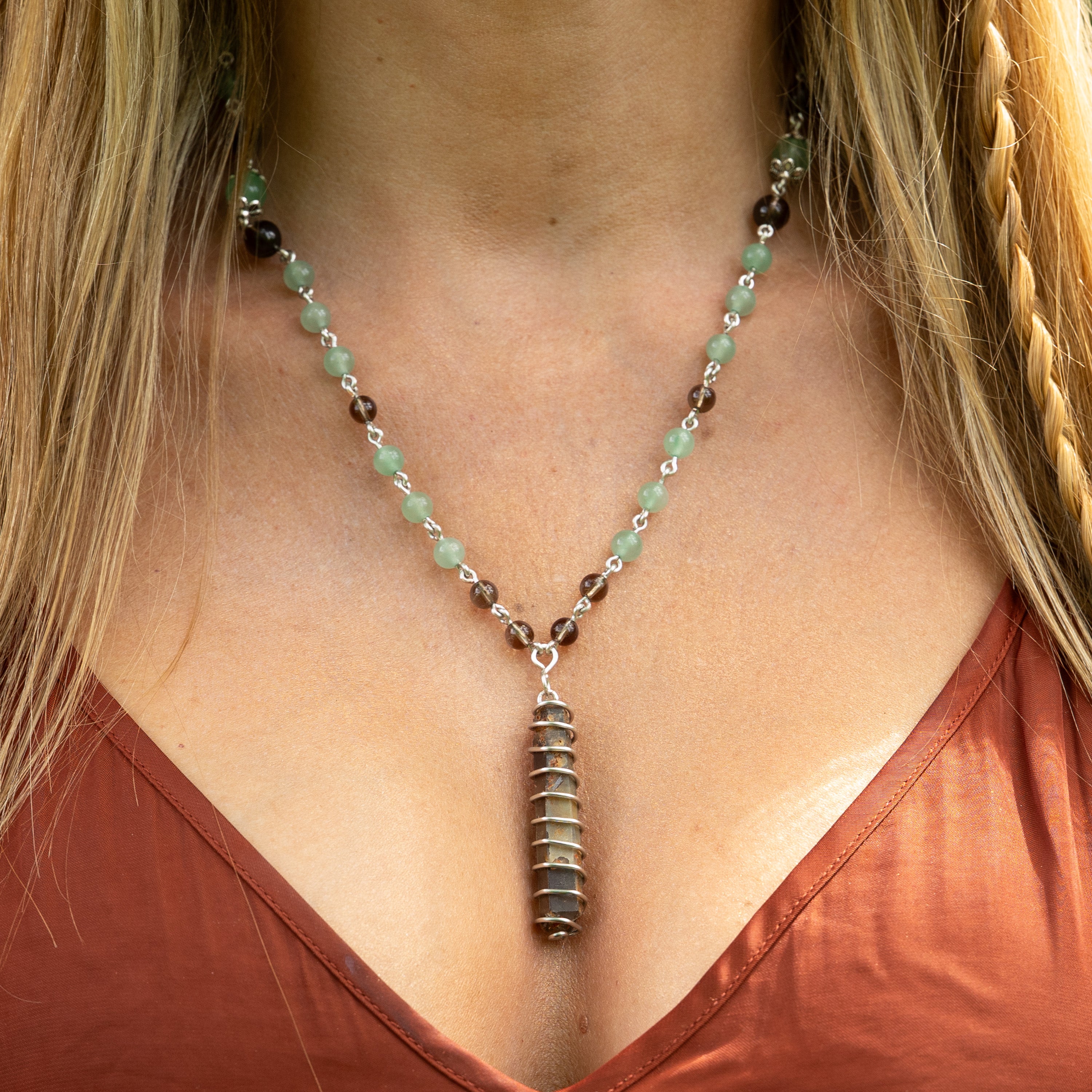 Aventurine & Smoky Quartz Necklace in Stainless Steel