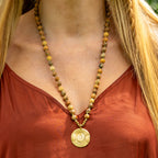 Bohemian Necklace with Landscape Jasper, Handknotted Thread & Brass Pendant