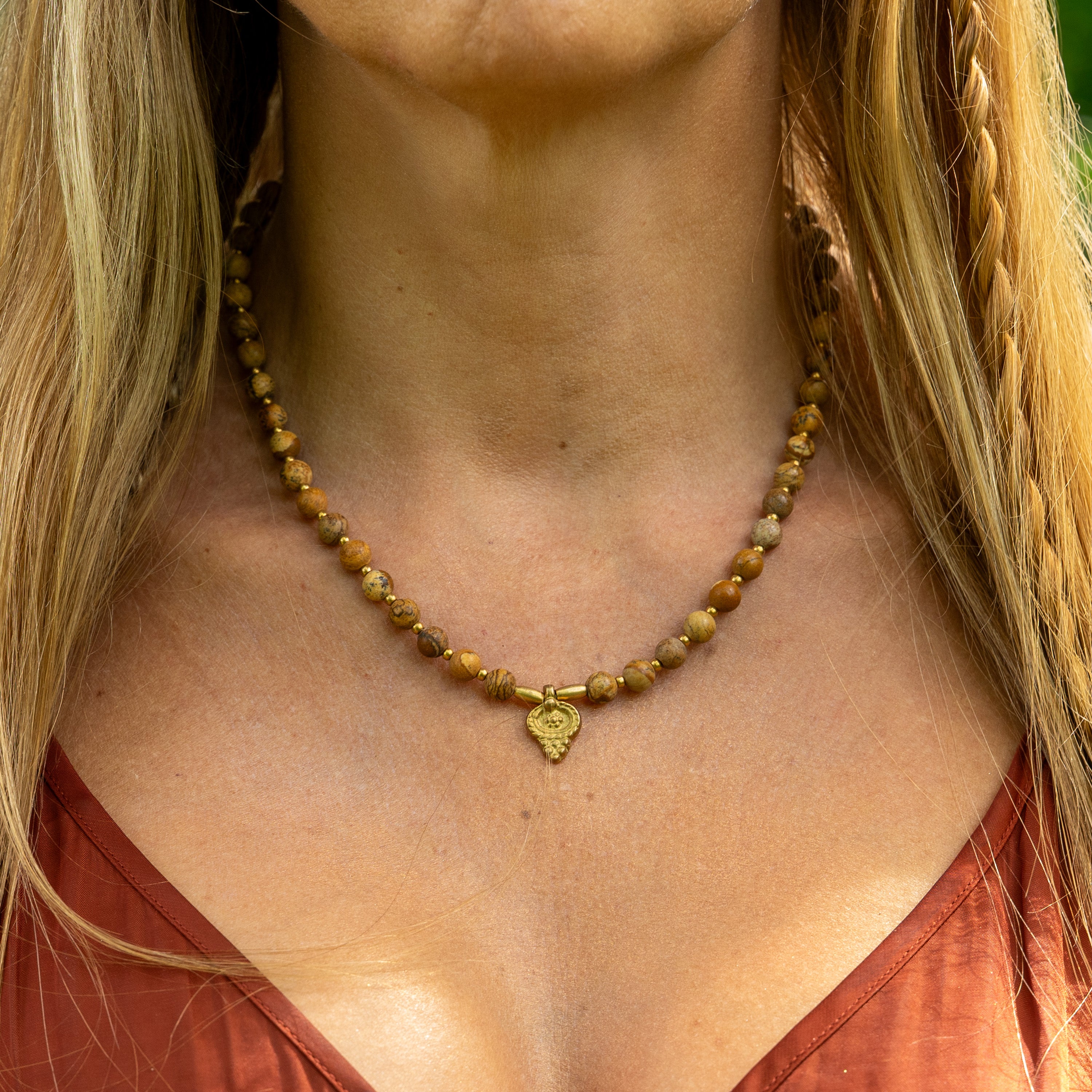 Bohemian Necklace with Landscape Jasper & Brass Pendant