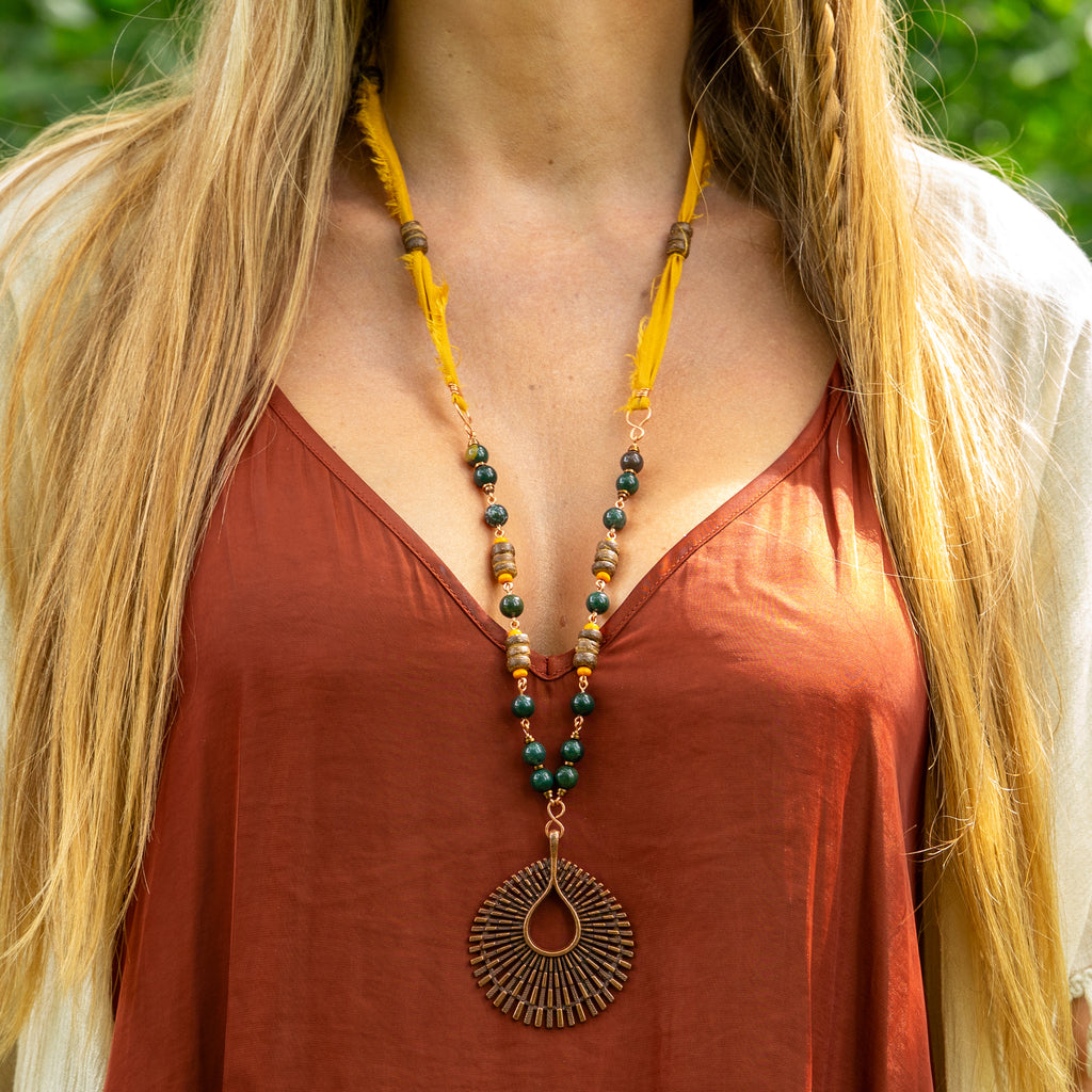 Bohemian Necklace with Bloodstone, Copper & Fabric