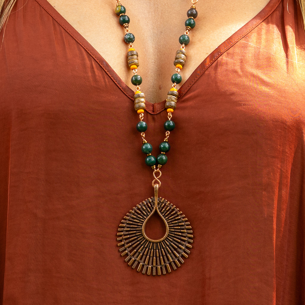 Bohemian Necklace with Bloodstone, Copper & Fabric