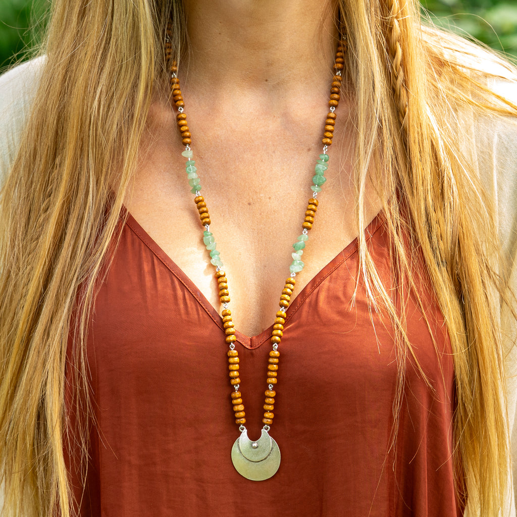 Aventurine and Wood Beads Necklace in Stainless Steel