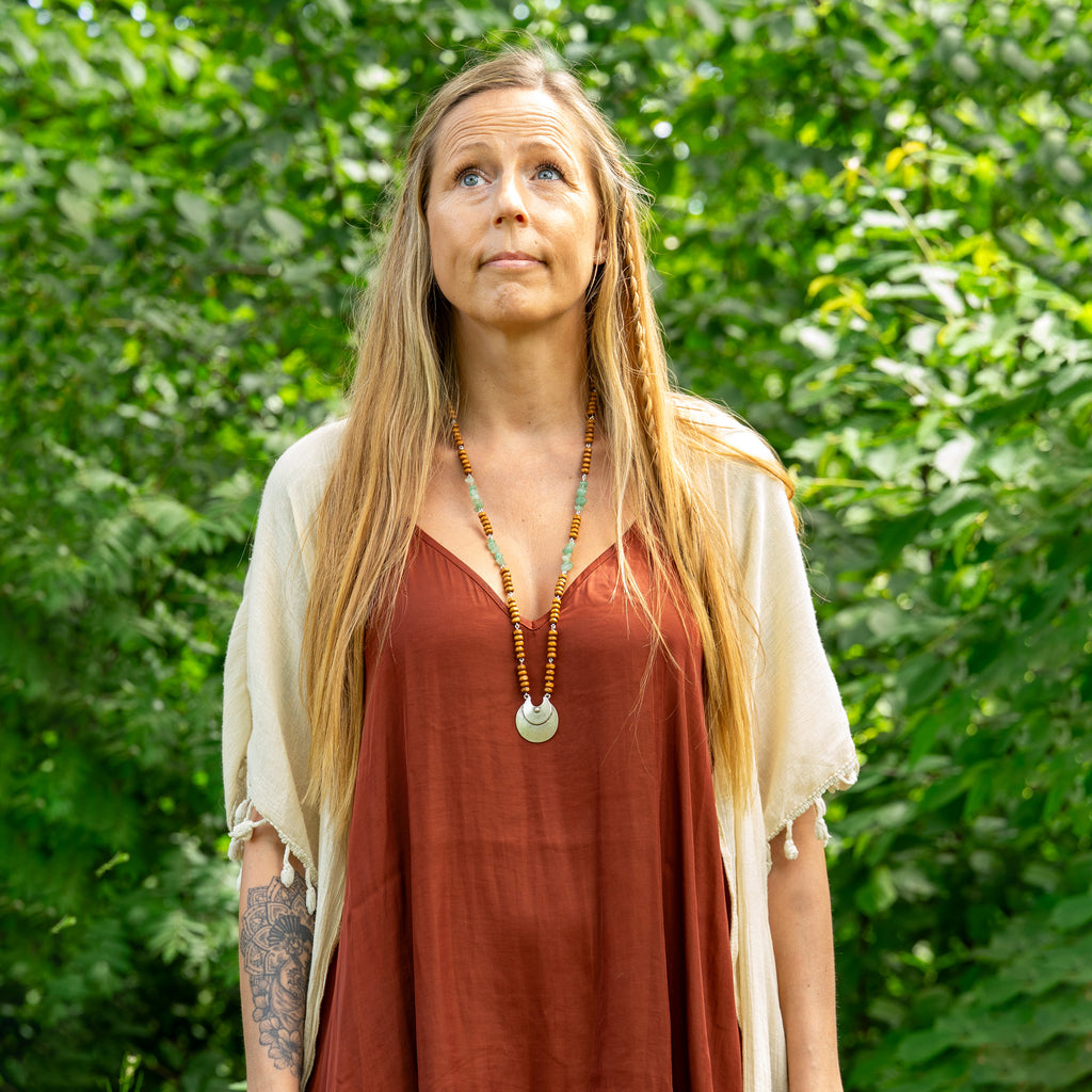 Aventurine and Wood Beads Necklace in Stainless Steel