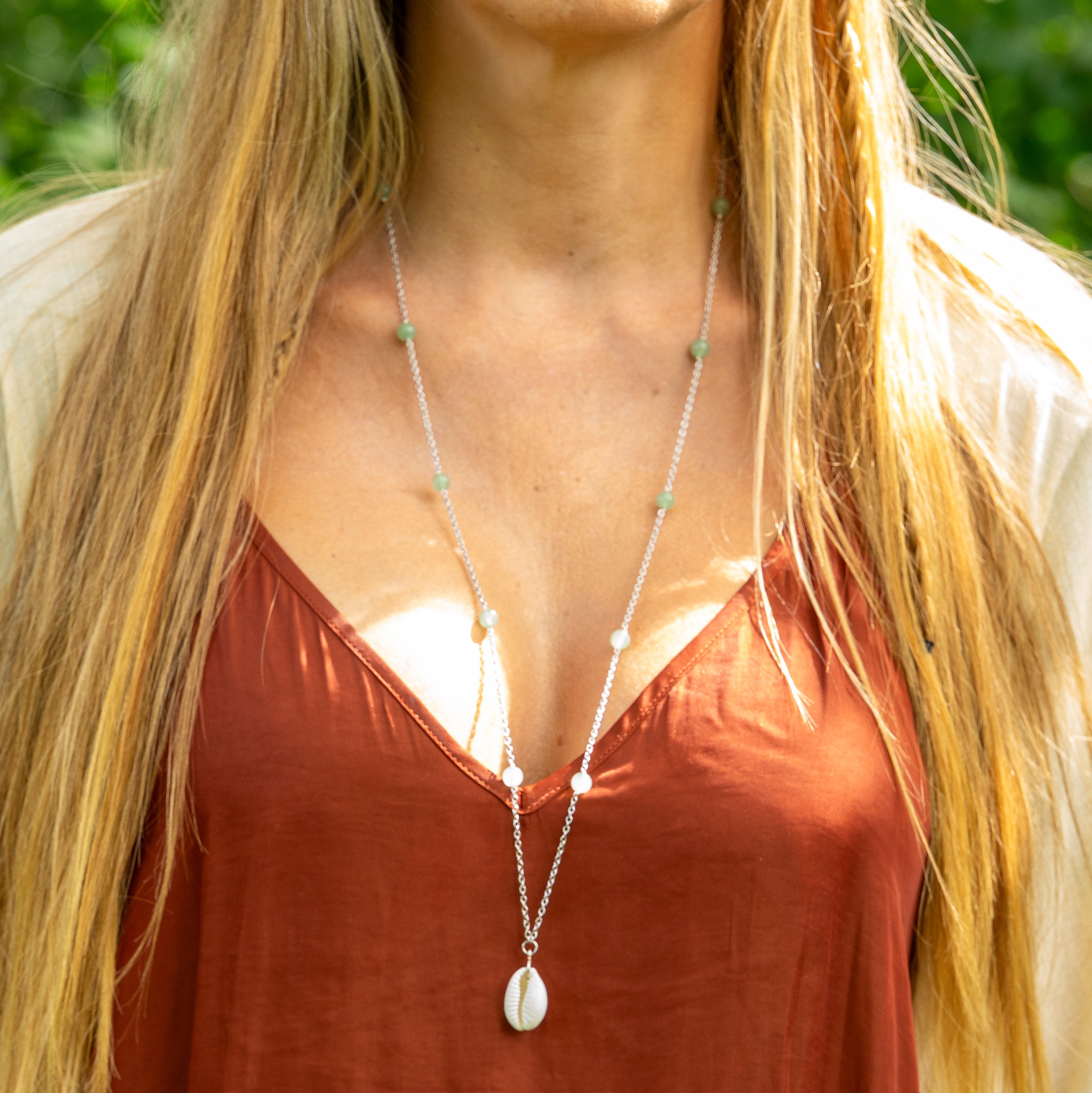 Aventurine, Chains & Cowrie Shell Necklace in Stainless Steel