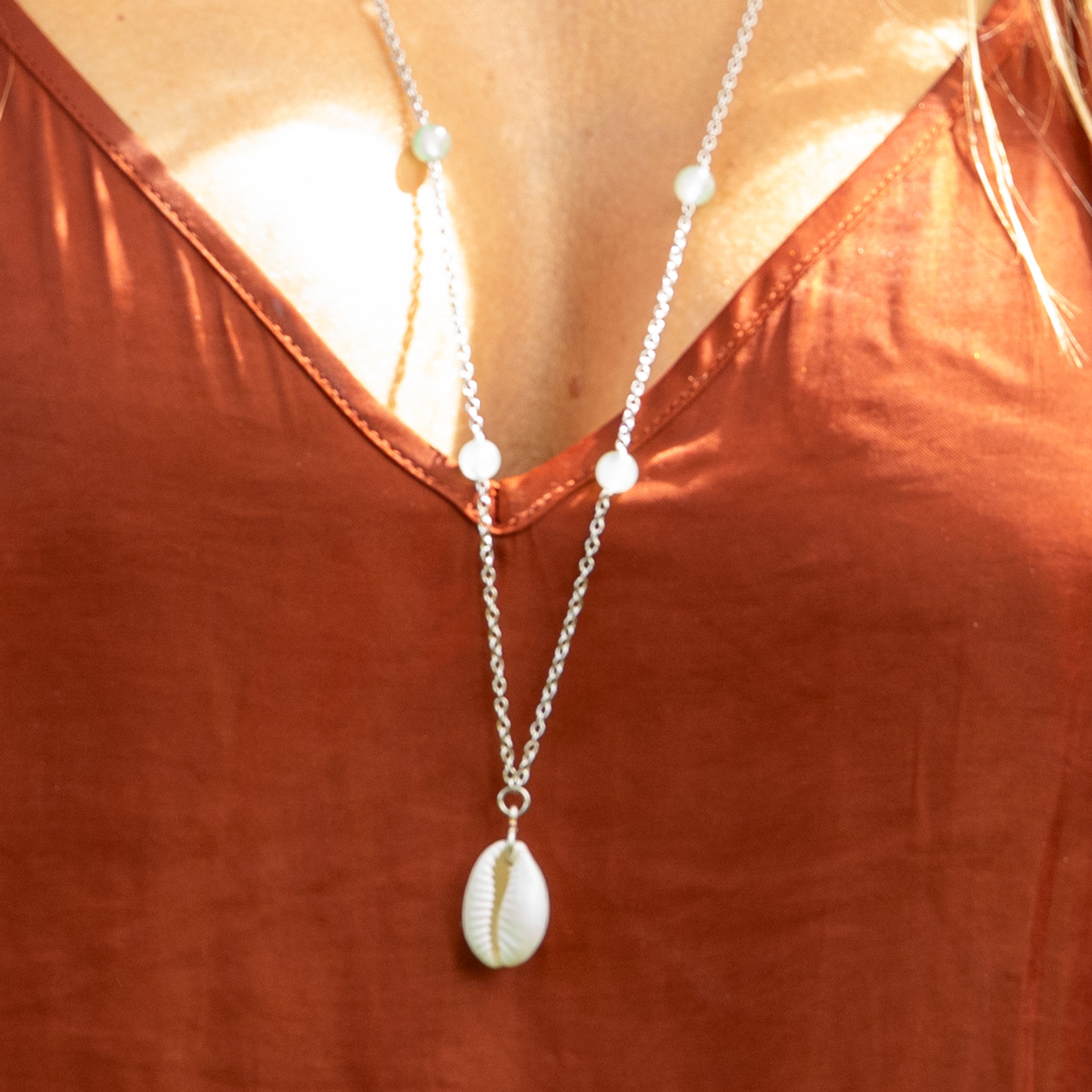 Aventurine, Chains & Cowrie Shell Necklace in Stainless Steel