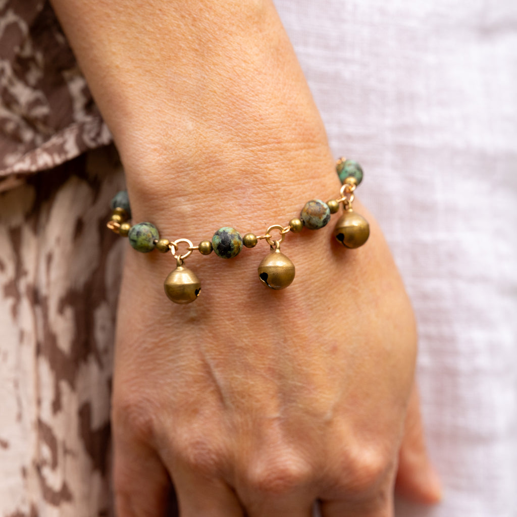African Turquoise Bell Bracelet in Bronze
