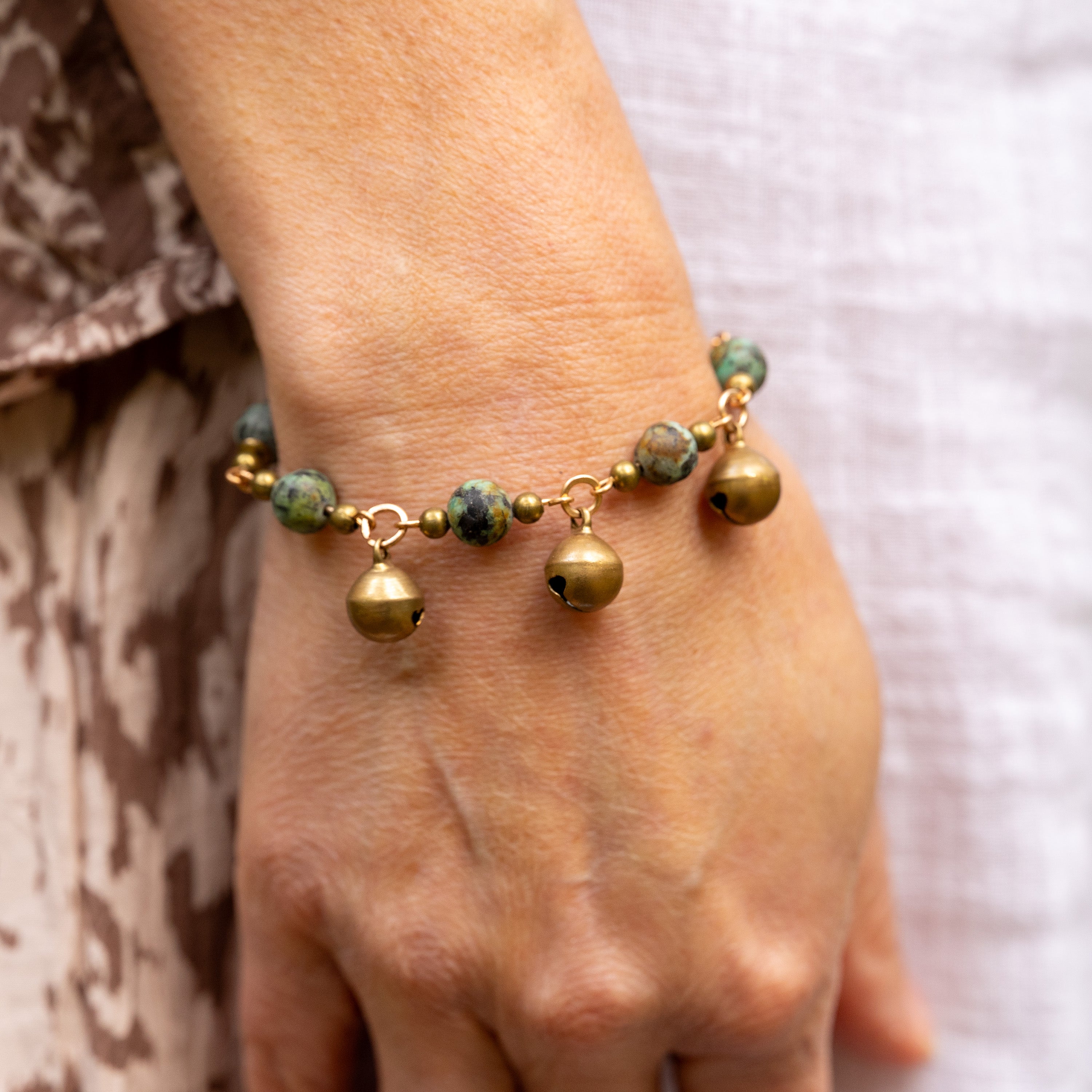 African Turquoise Bell Bracelet in Bronze
