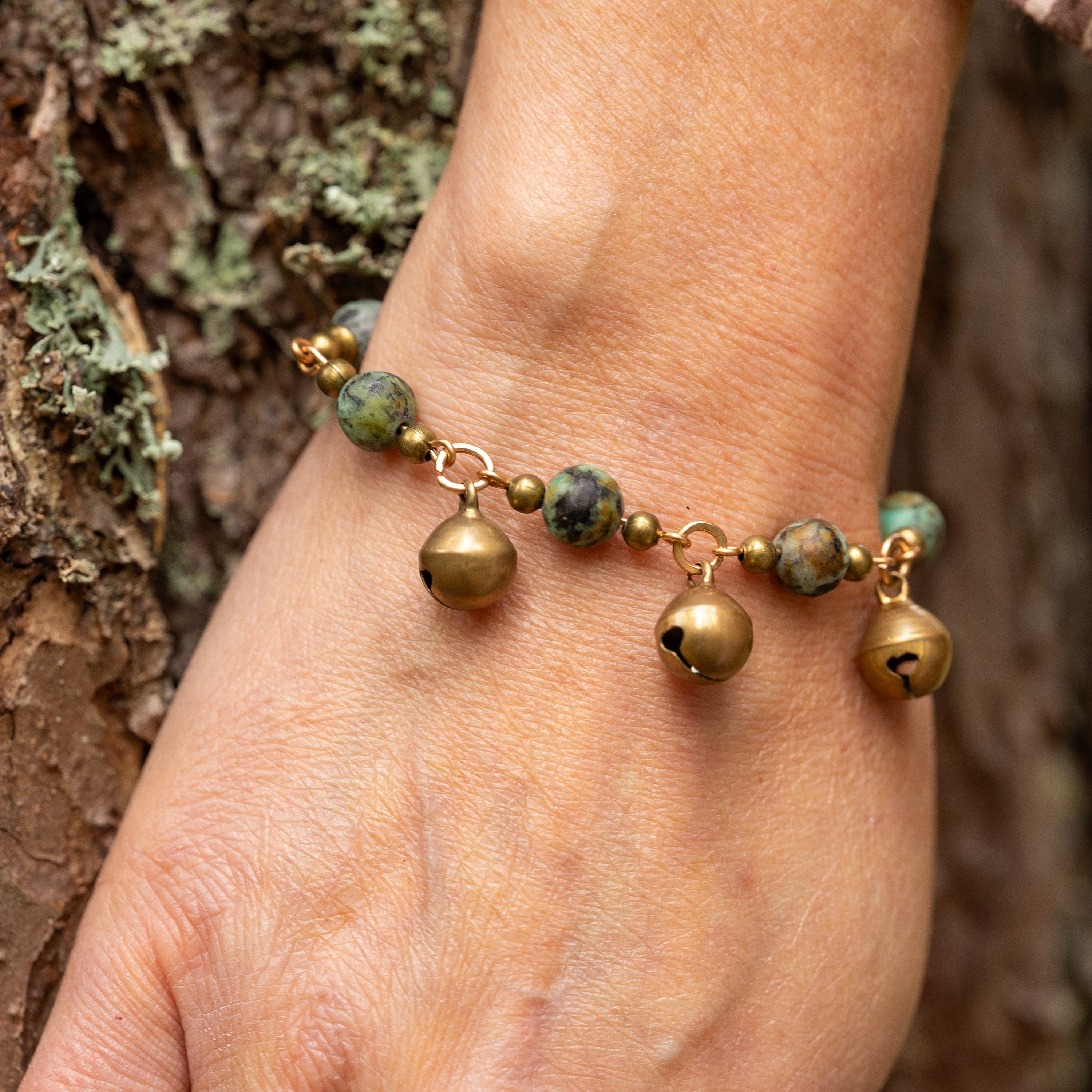 African Turquoise Bell Bracelet in Bronze