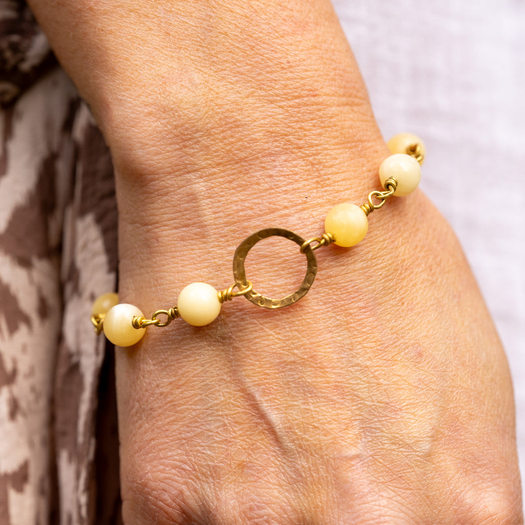 Yellow Calcite Bracelet with Brass Circle Charm