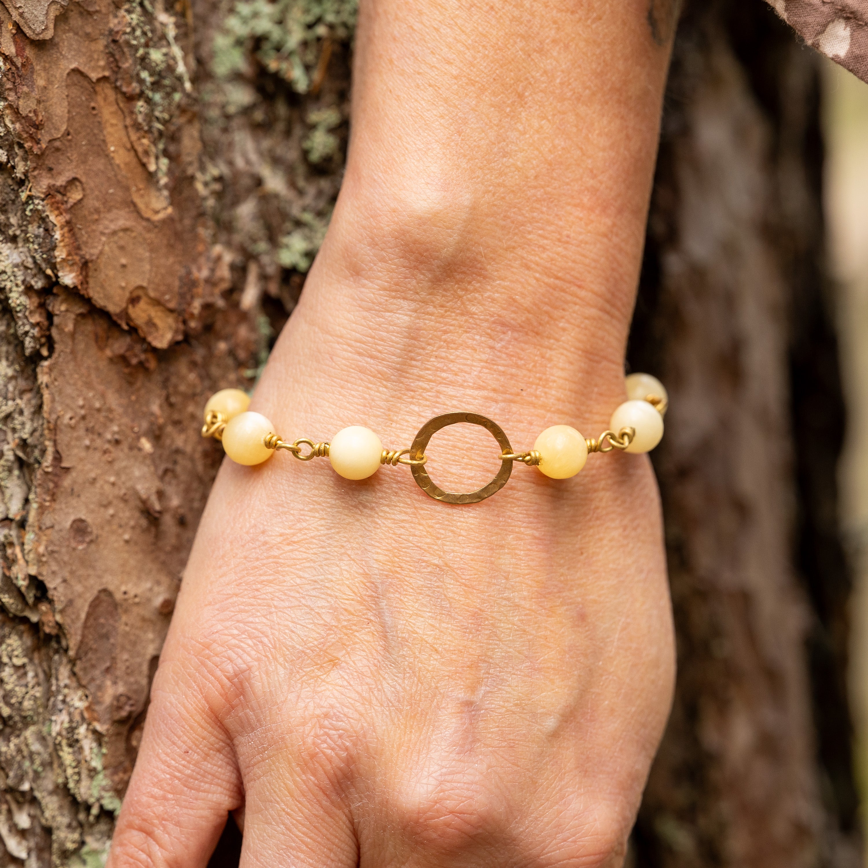 Yellow Calcite Bracelet with Brass Circle Charm