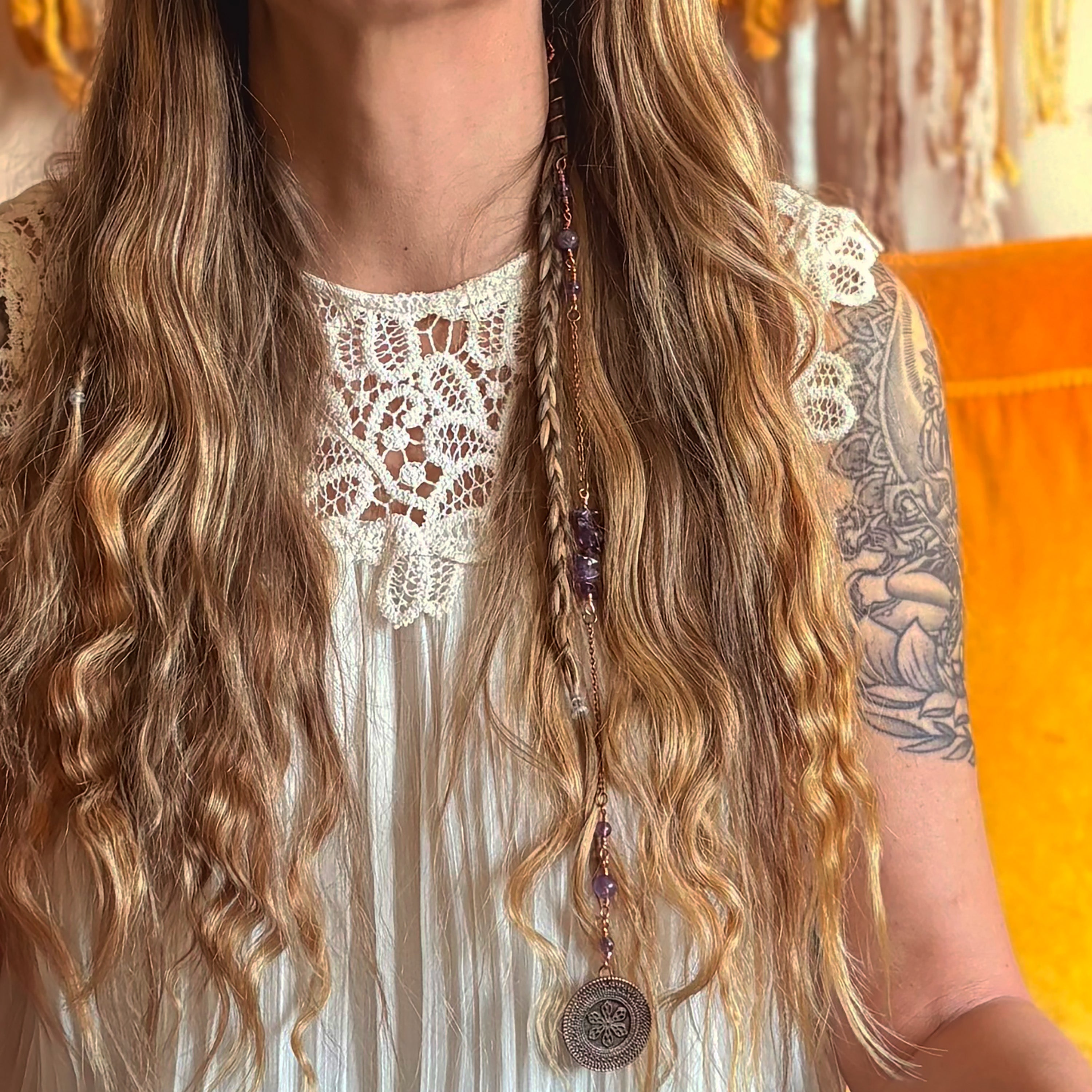 Amethyst Hair Twist with Chains and Charm in Copper