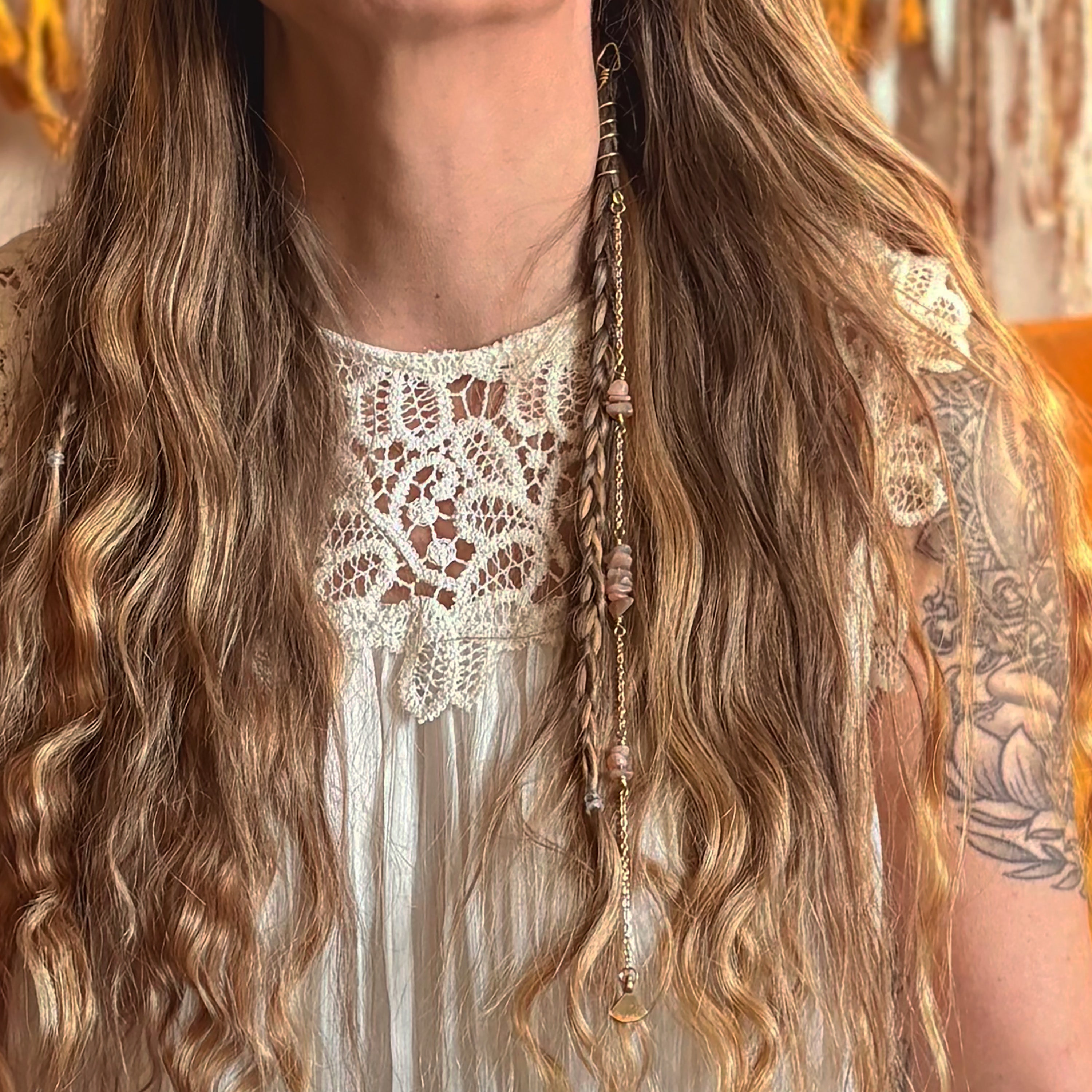 Orange Moonstone Hair Twist with Chains and Charm in Brass
