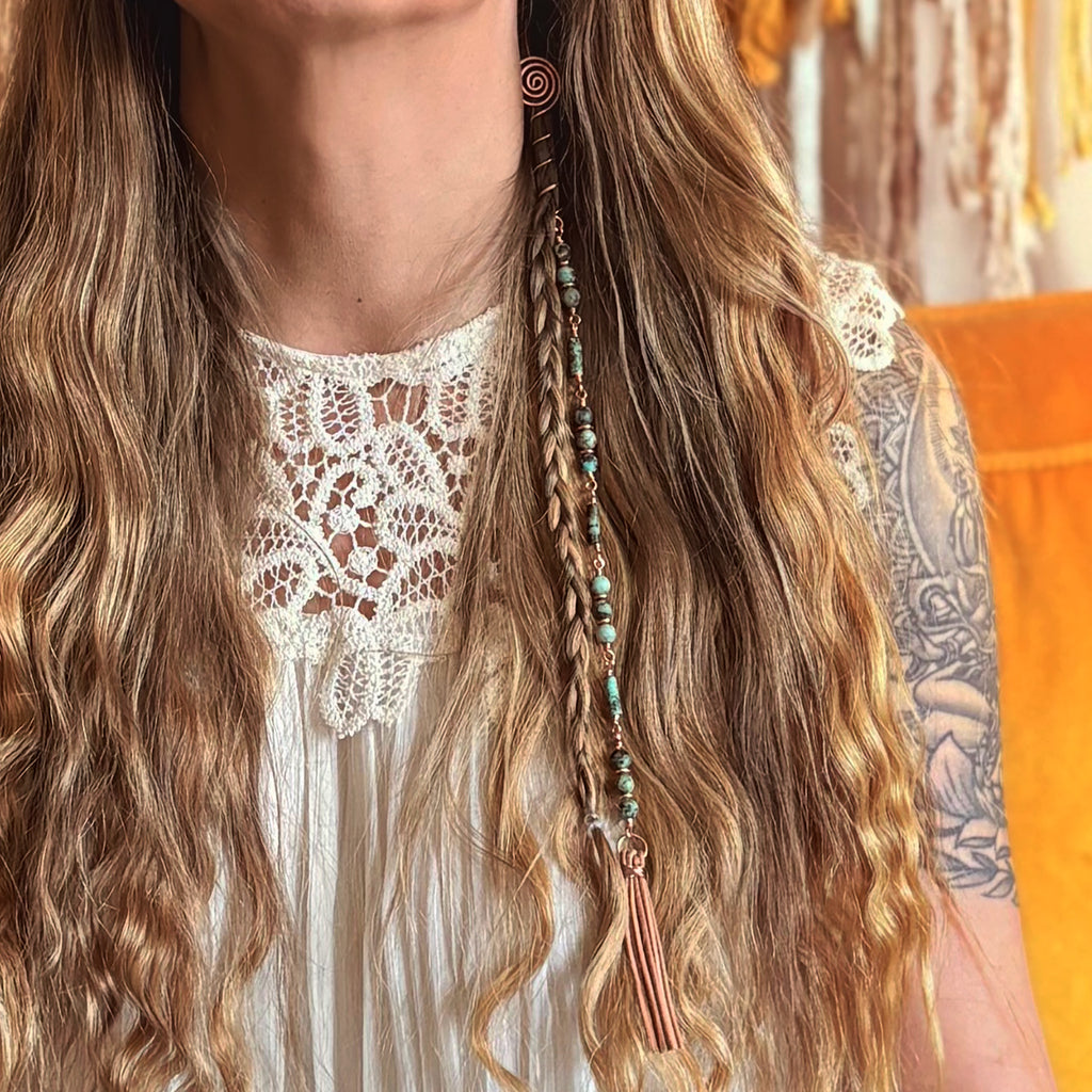 African Turquoise Hair Twist with Leather Tassel in Copper