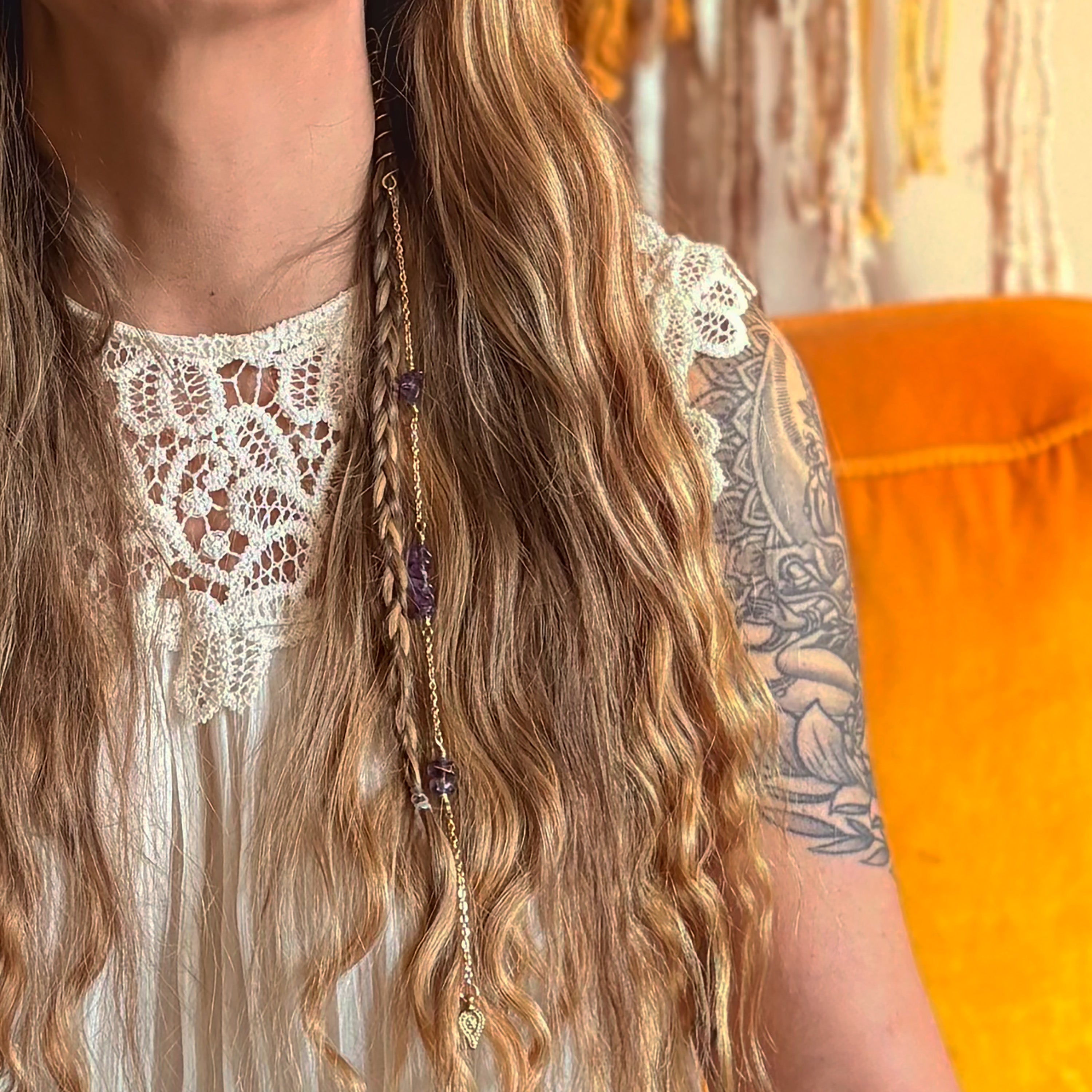 Amethyst Hair Twist with Chains and Charm in Brass