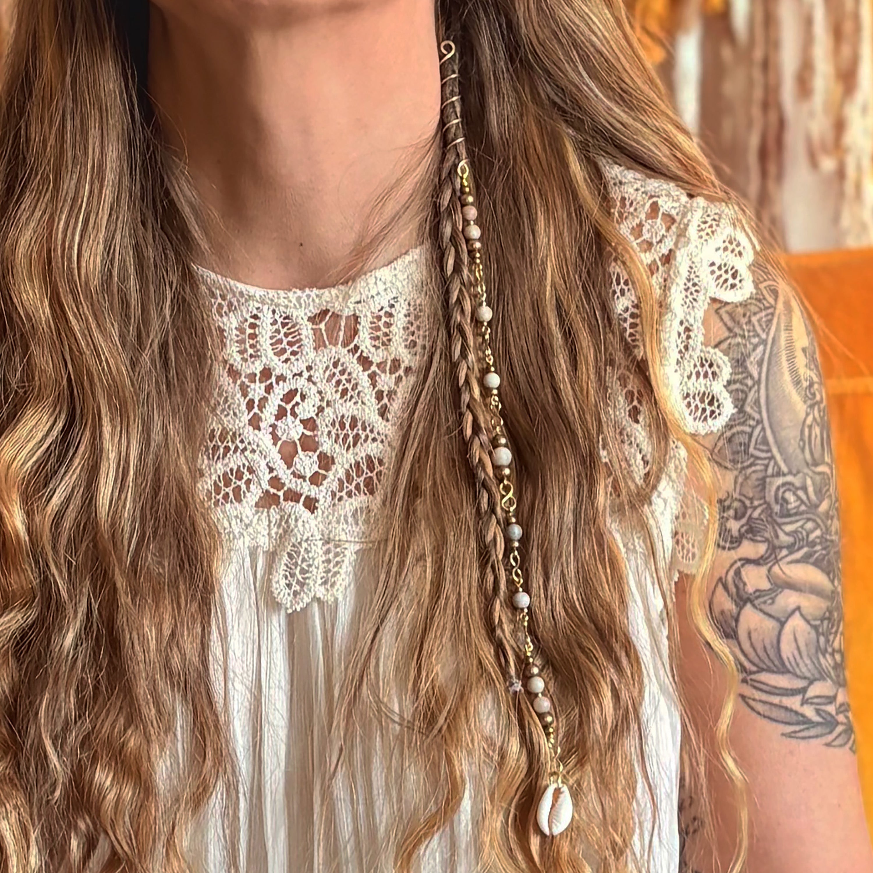 Picture Jasper Hair Twist with Cowrie Shell in Brass