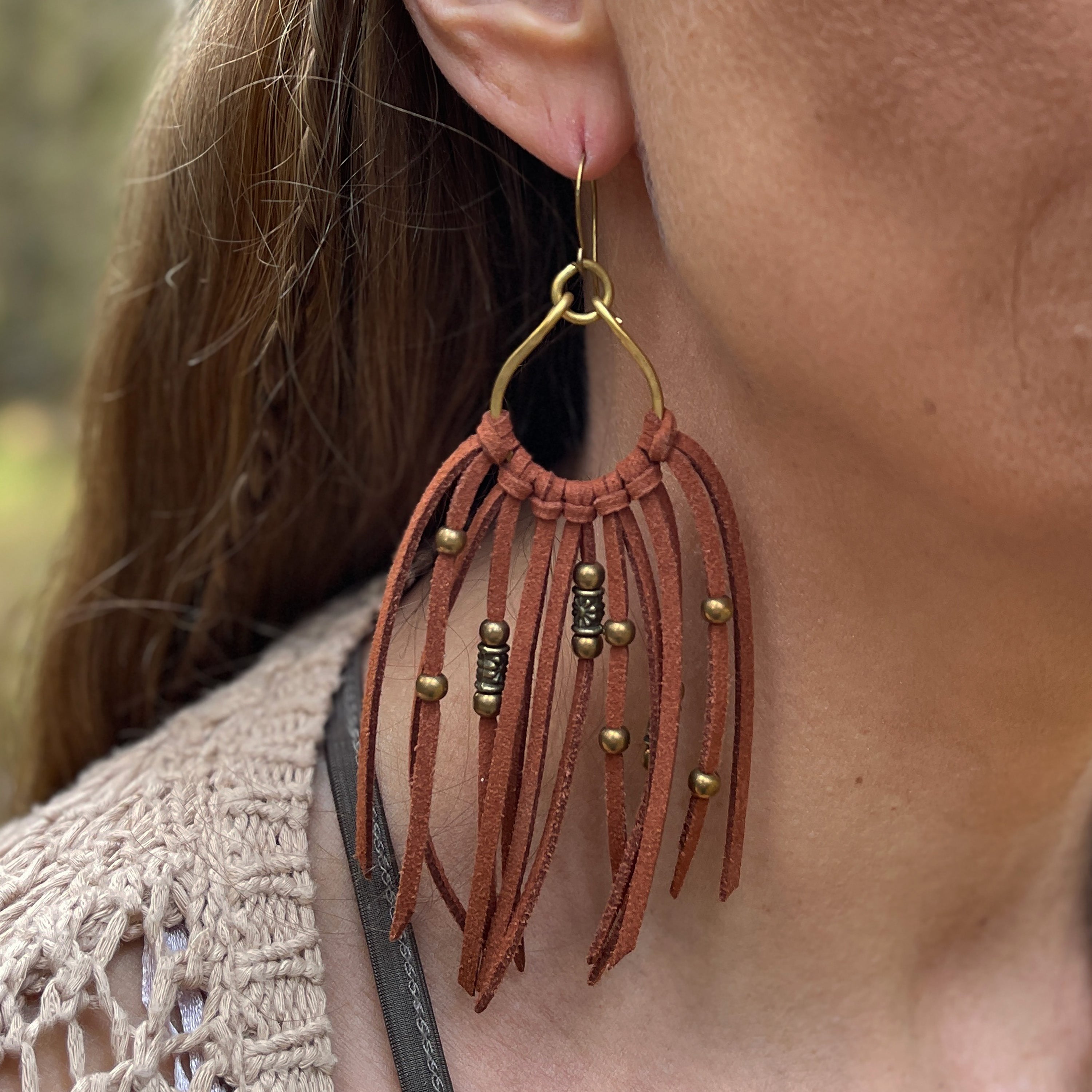 Suede Fringe Earrings in Brass