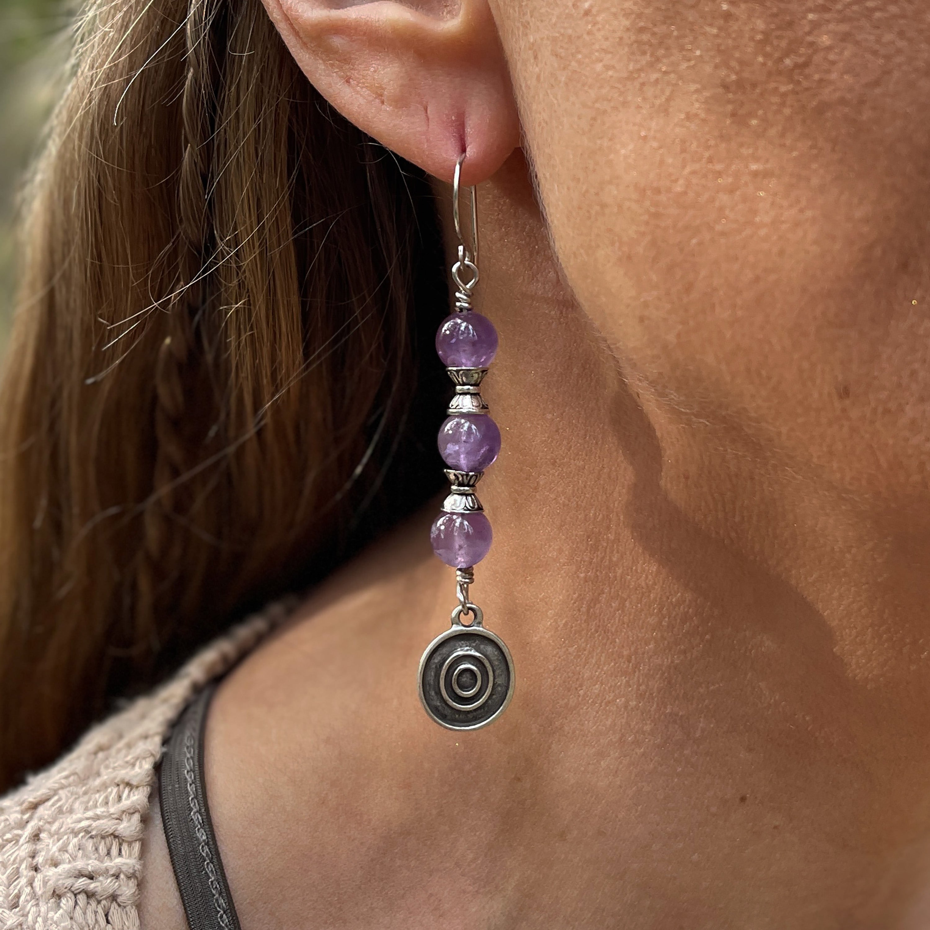 Amethyst Spiral Earrings in Stainless Steel