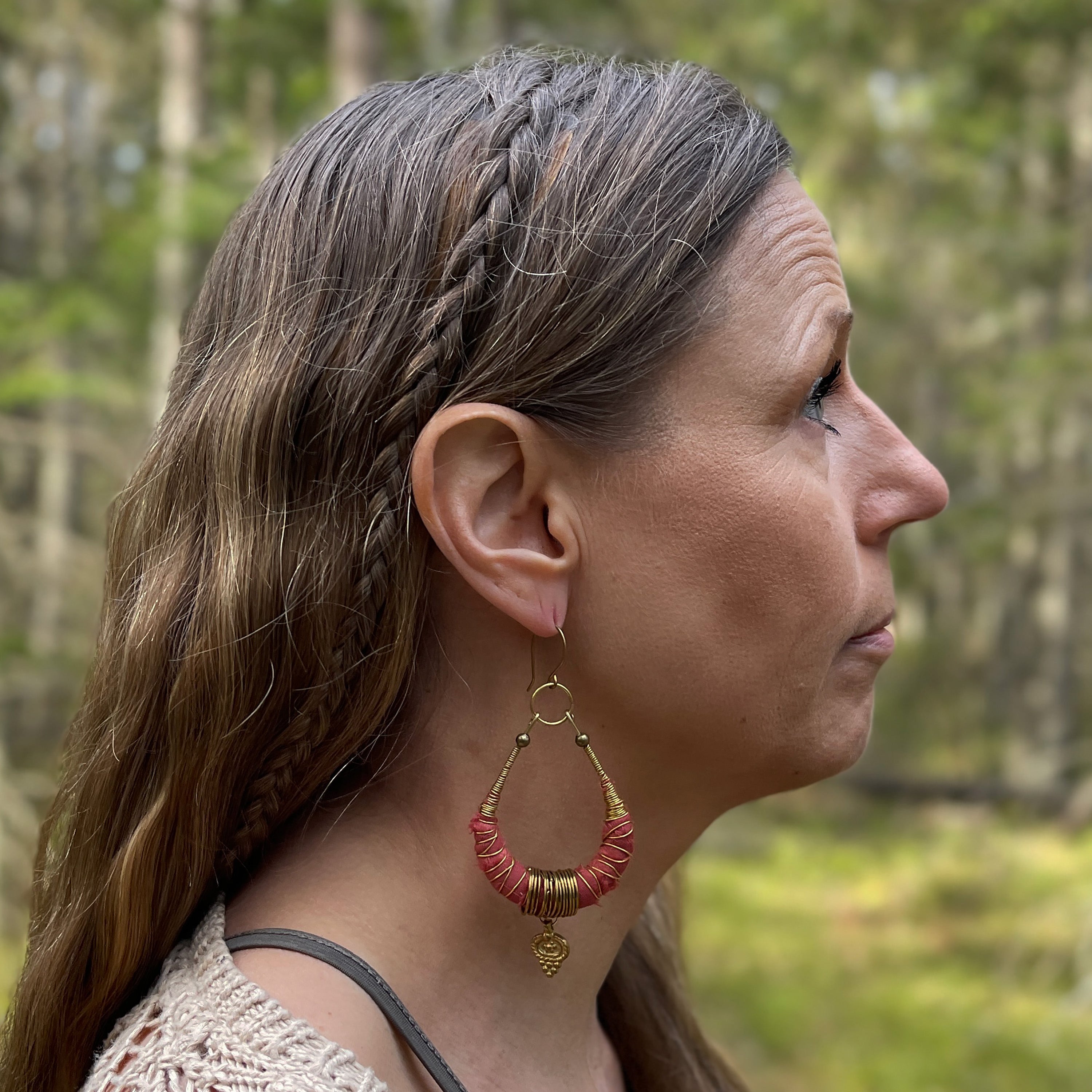 Wrapped Fabric Hoop Earrings in Brass