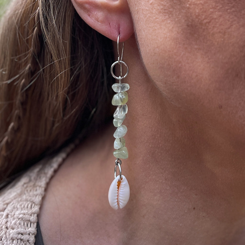 Prehnite and Shell Earrings in Stainless Steel