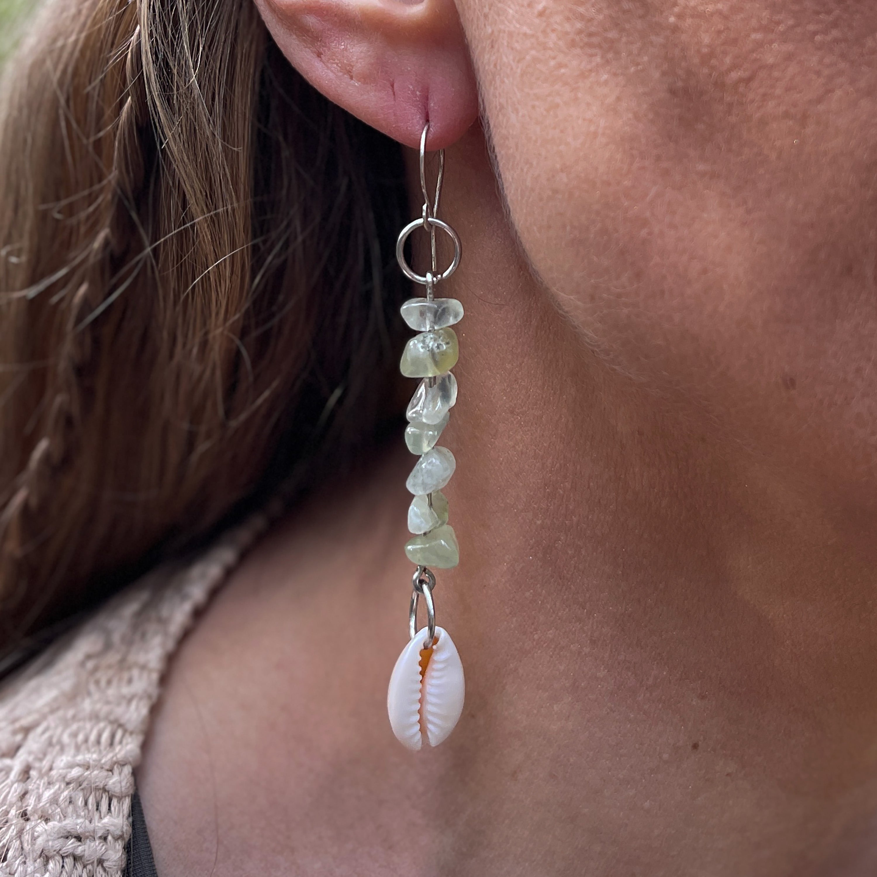 Prehnite and Shell Earrings in Stainless Steel