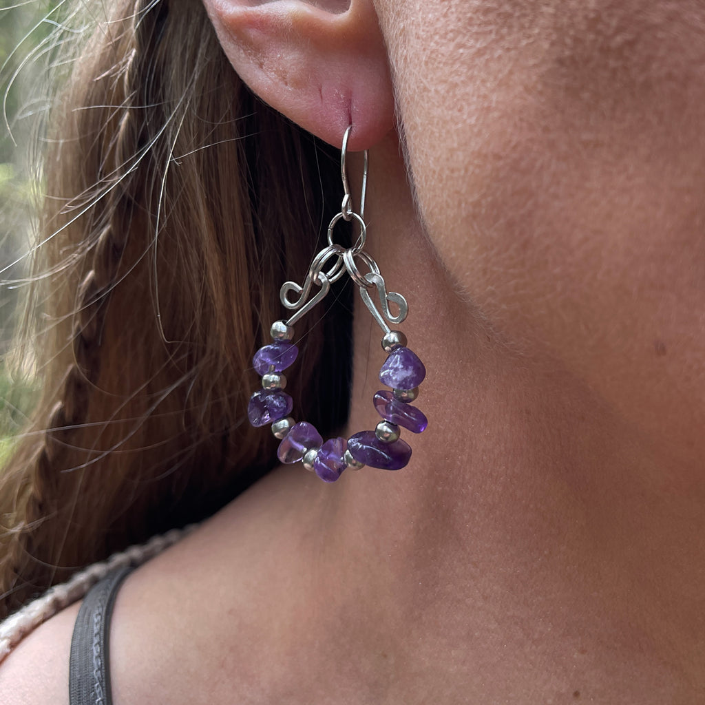Amethyst Hoop Earrings in Stainless Steel