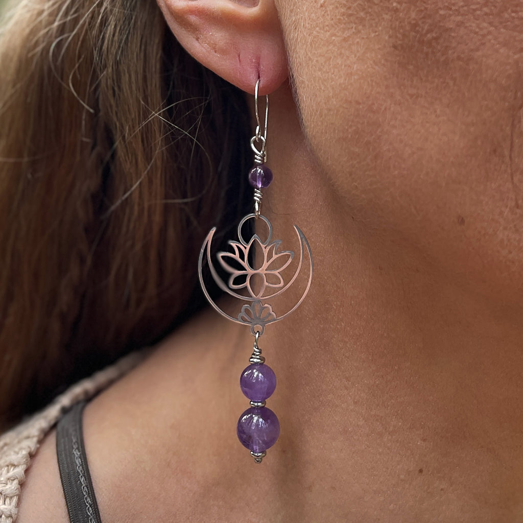 Amethyst Lotus Earrings in Stainless Steel