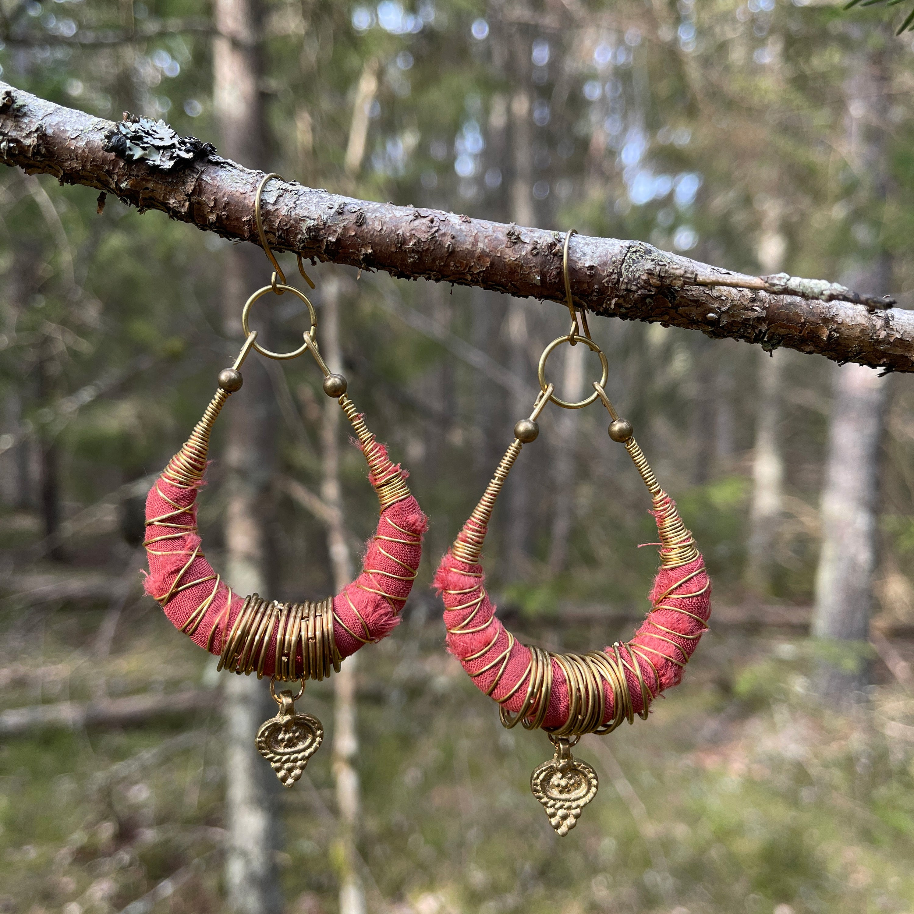 Wrapped Fabric Hoop Earrings in Brass
