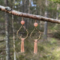 Orange Moonstone with Leather Fringe Earrings in Bronze