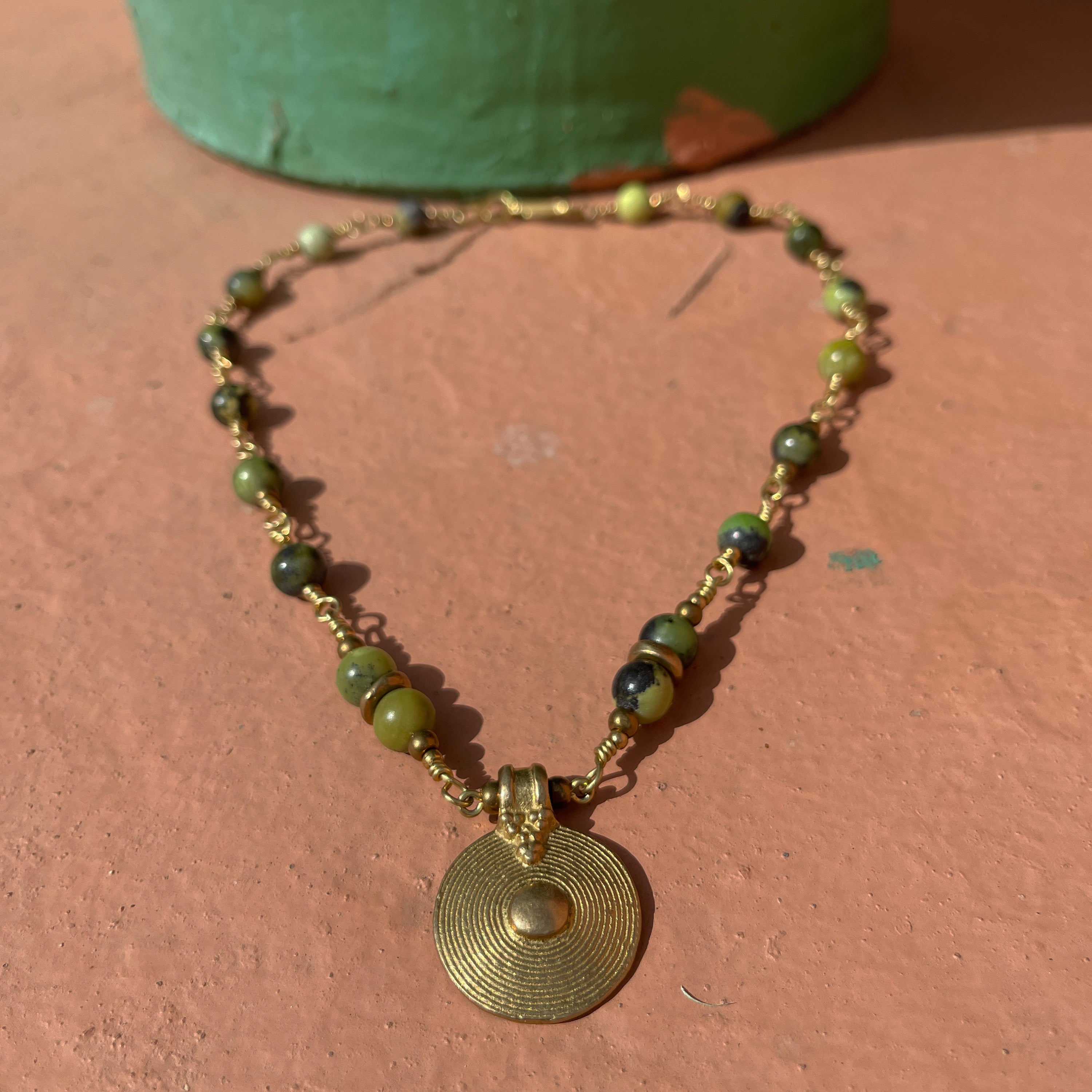 Bohemian Necklace with Chrysoprase & Brass