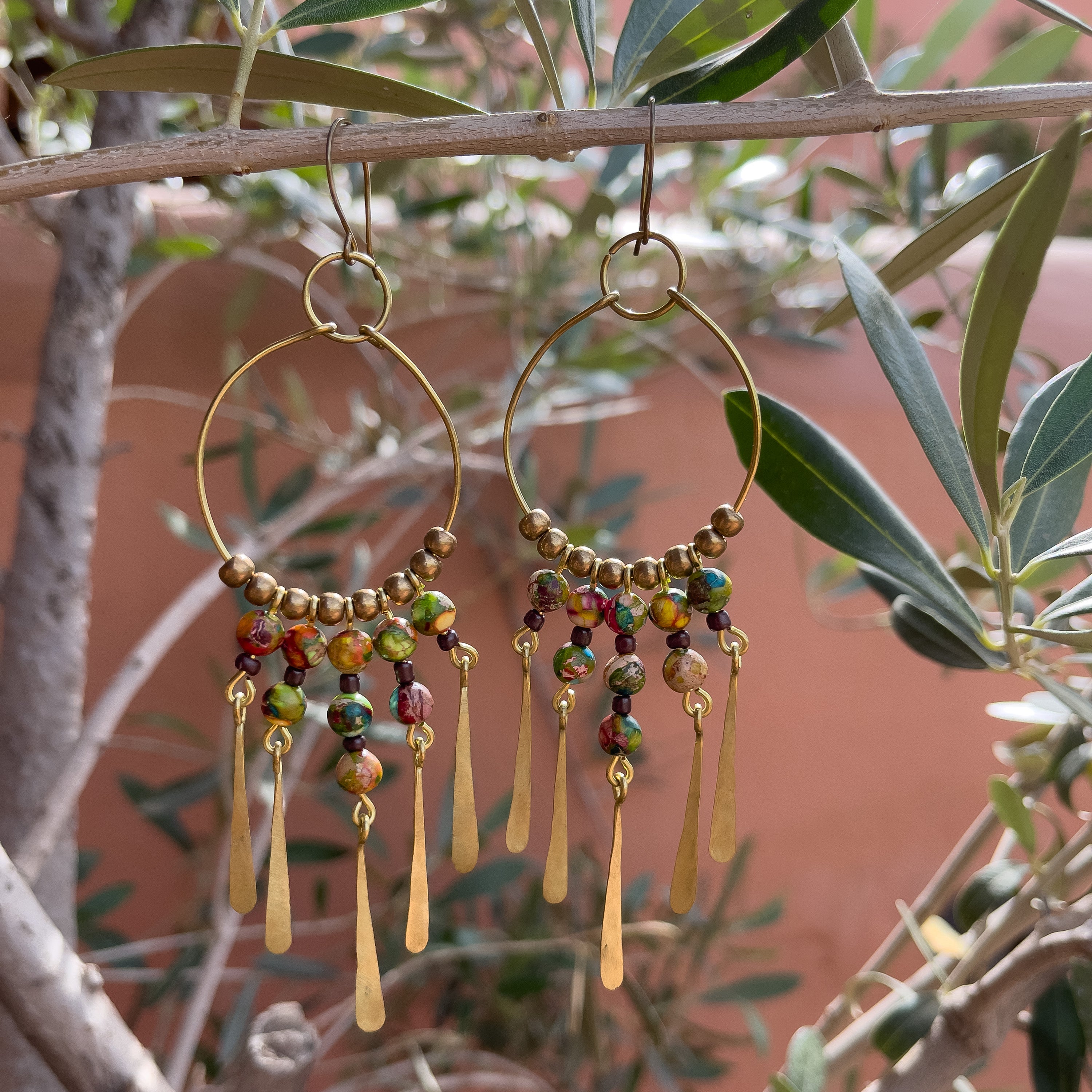 Sea Sediment Jasper Colorful Earrings in Brass
