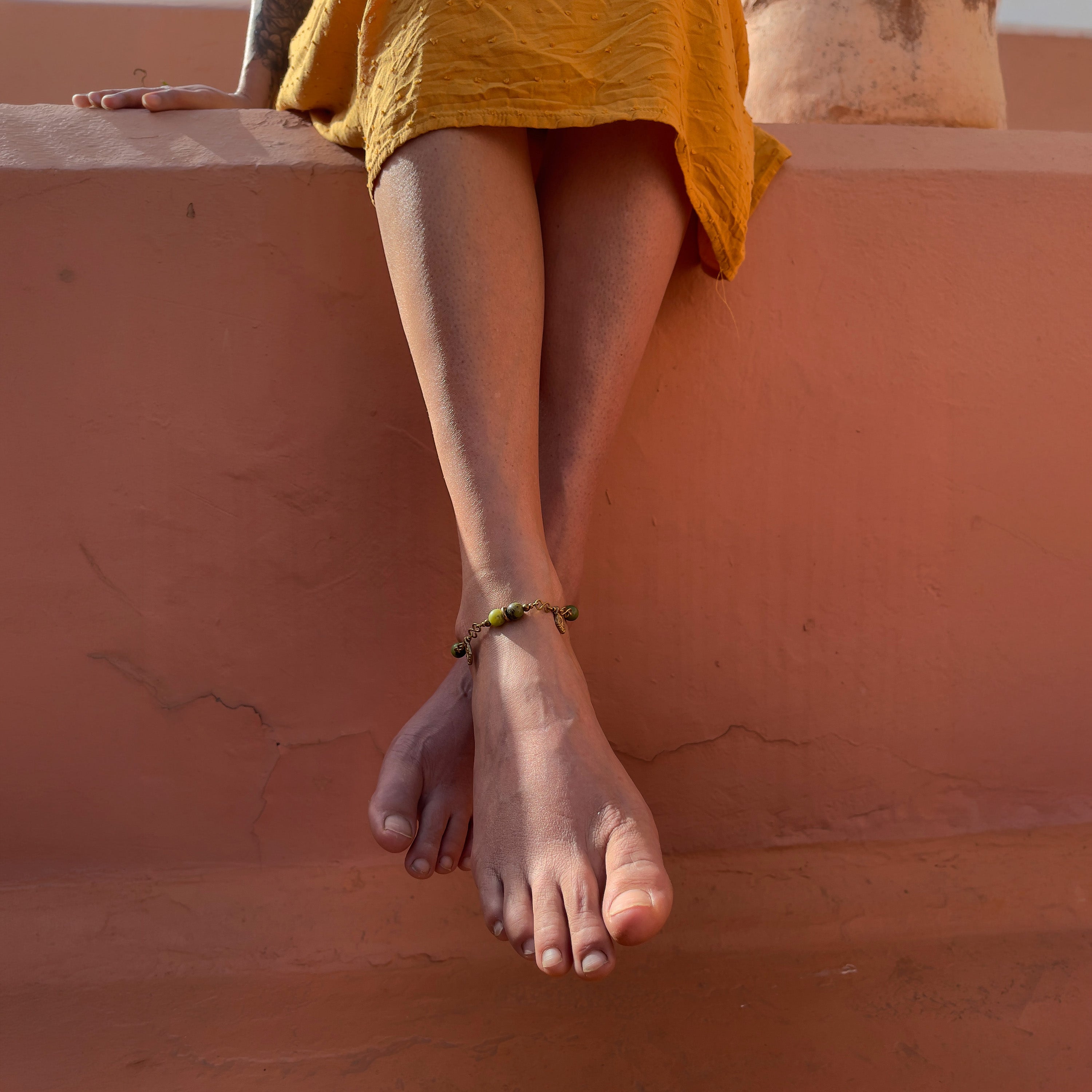 Chrysoprase Anklet in Brass with Charm