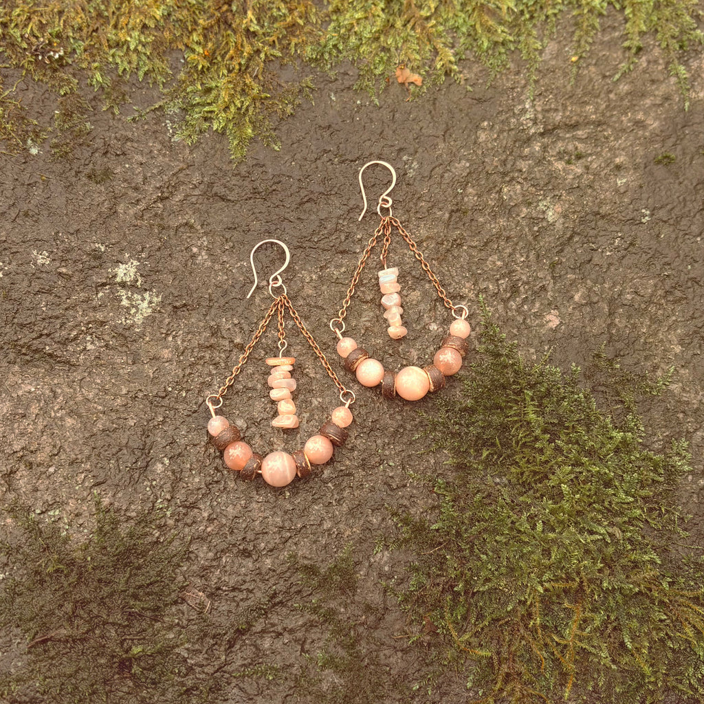 Orange Moonstone with Chain Earrings in Copper