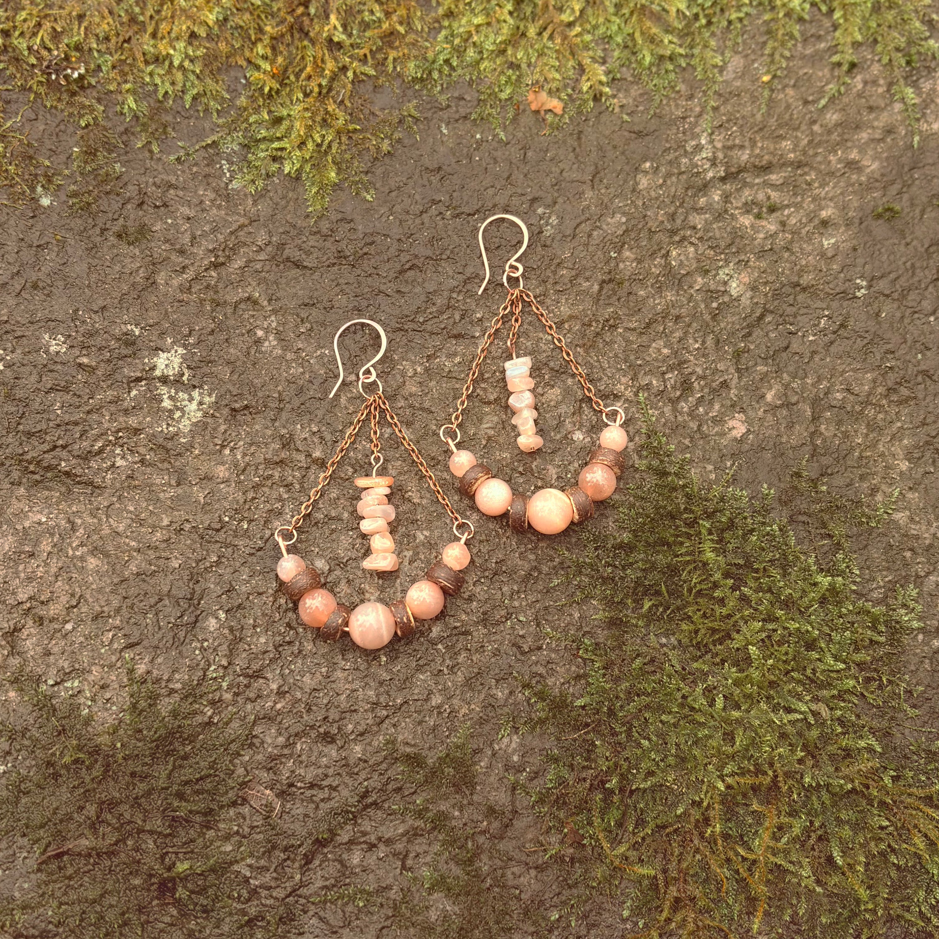Orange Moonstone with Chain Earrings in Copper
