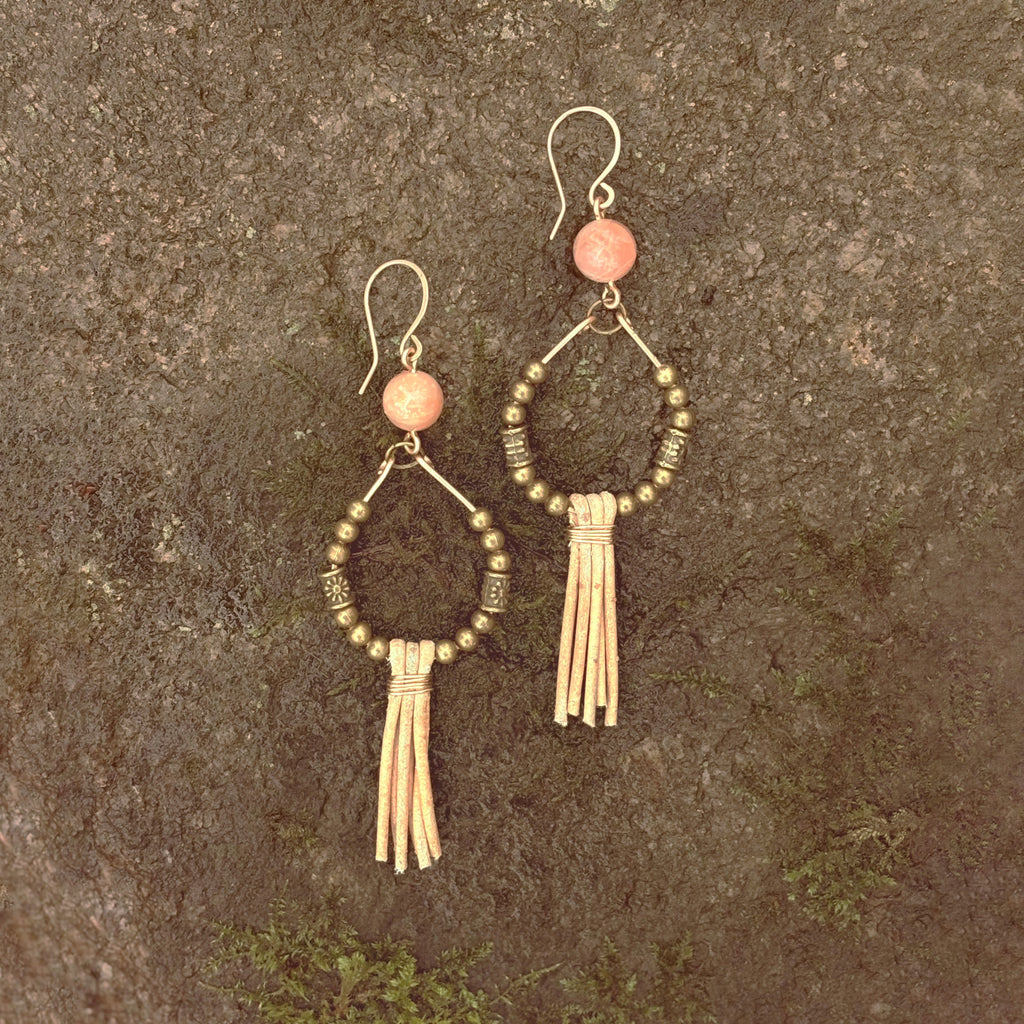 Orange Moonstone with Leather Fringe Earrings in Bronze