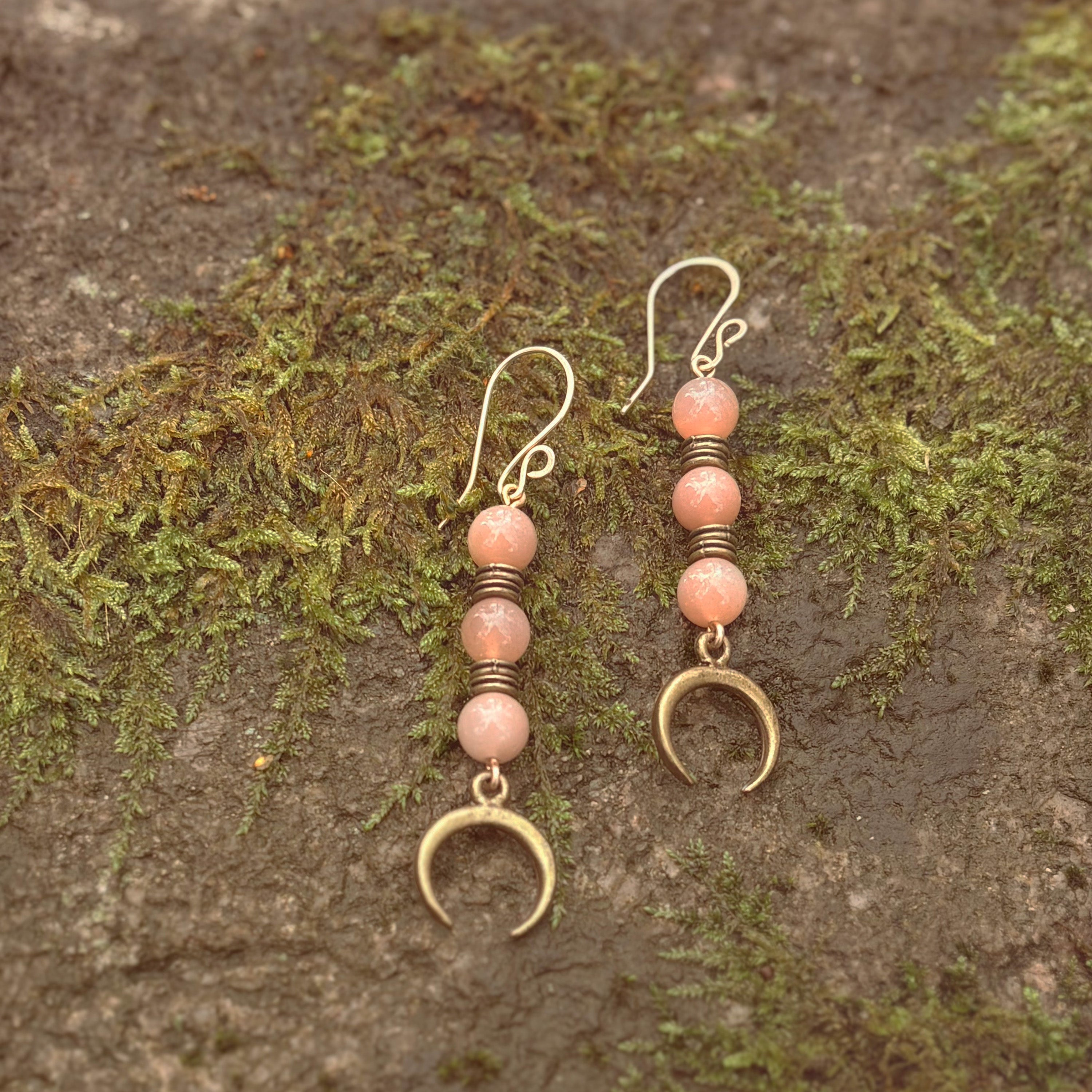 Orange Moonstone with Moon Charm Earrings in Bronze